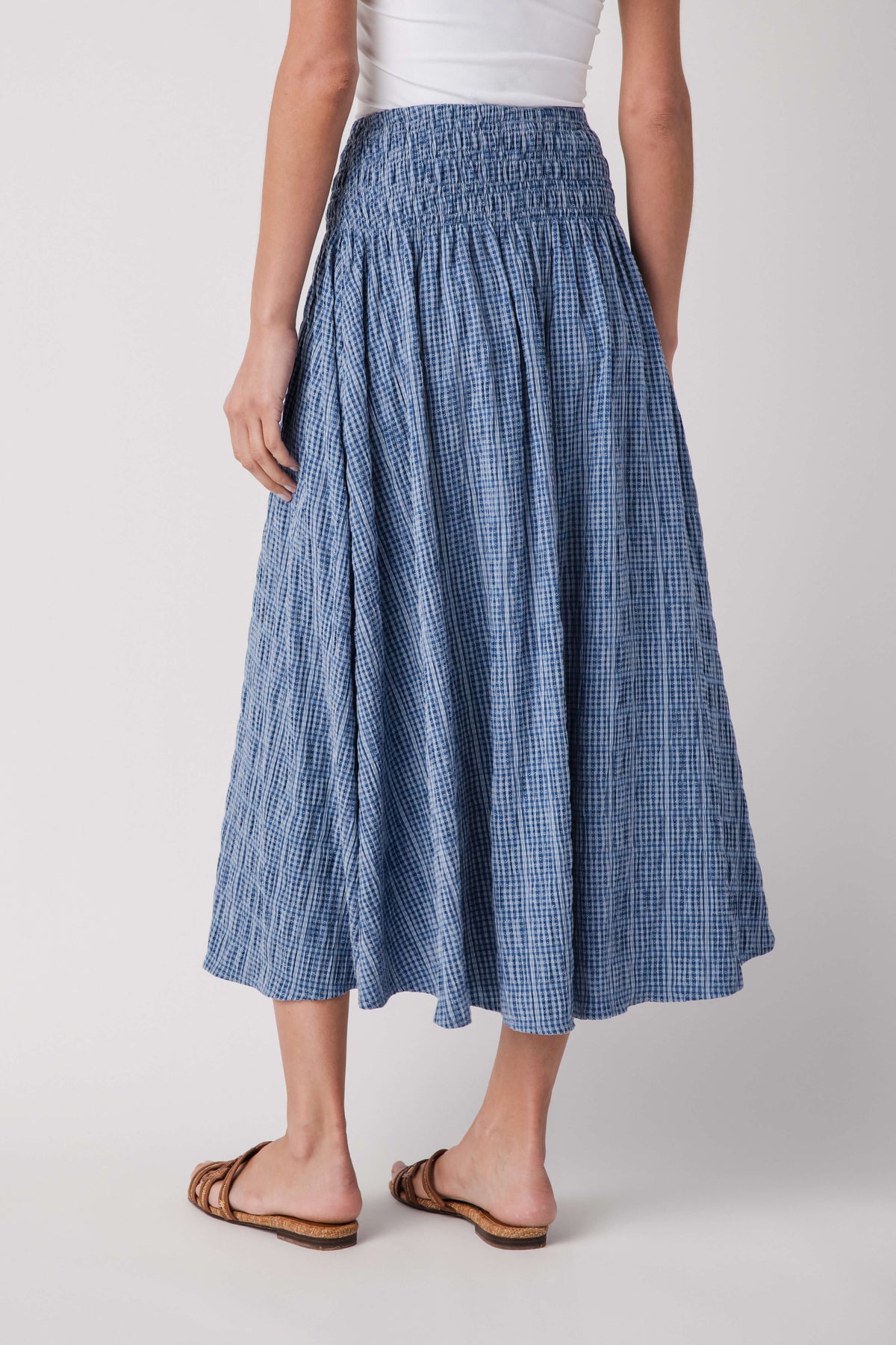 Raisonnel gingham maxi skirt, blue check back view, elastic waistband and gathered flared hem.