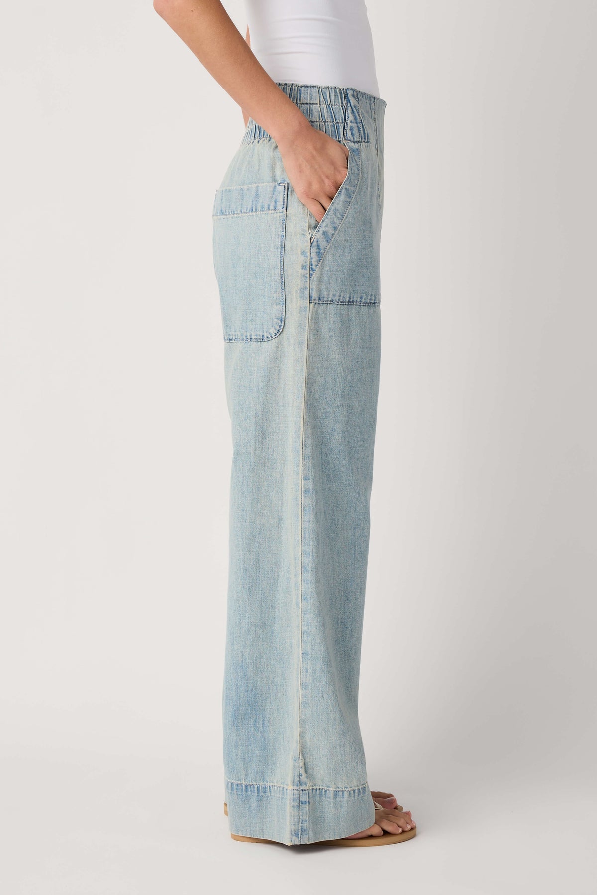 Light blue denim pull-on pants with back patch pockets, wide straight legs