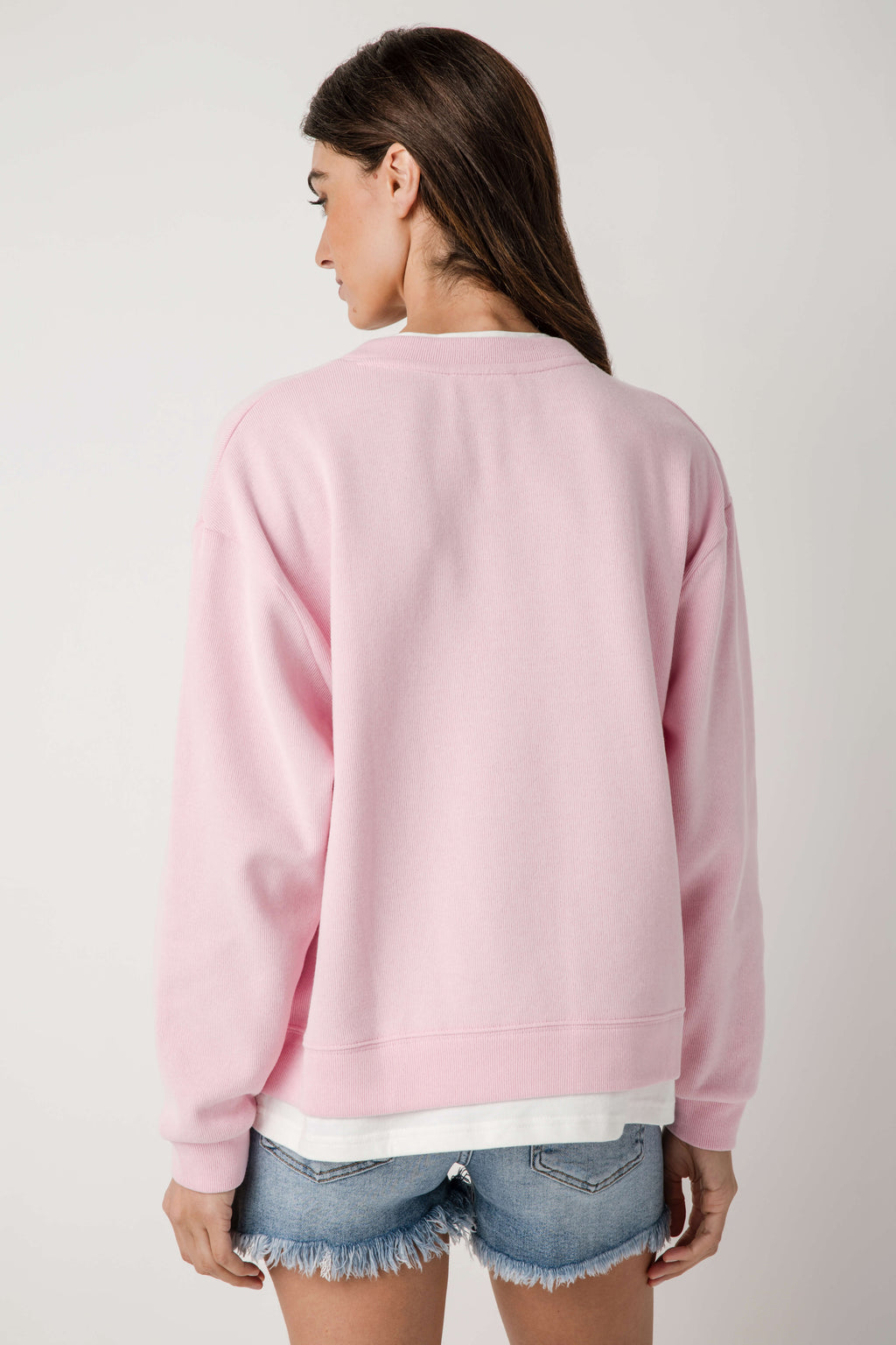 Back view: pink crew pullover with crew neck, long sleeves, and ribbed hem