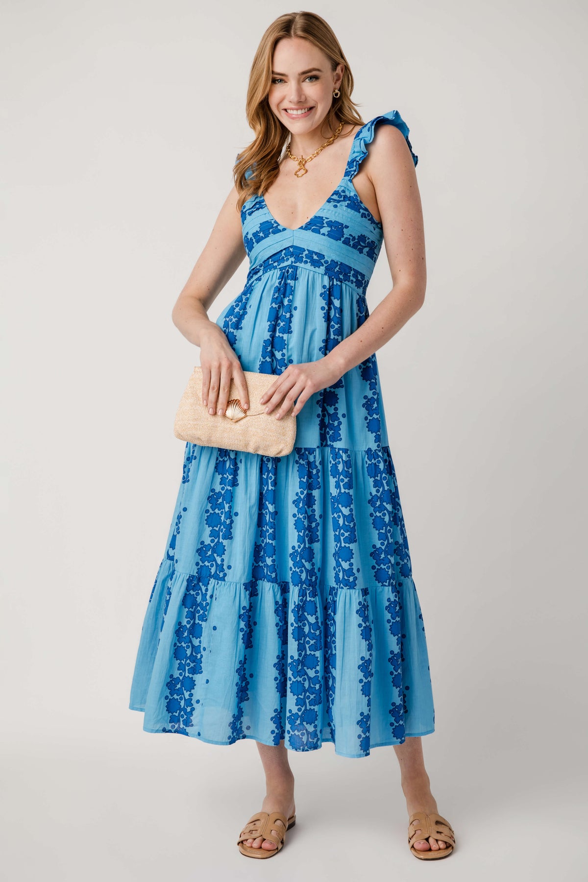 Blue V-neck tiered maxi dress with flutter ruffle cap sleeves and floral print