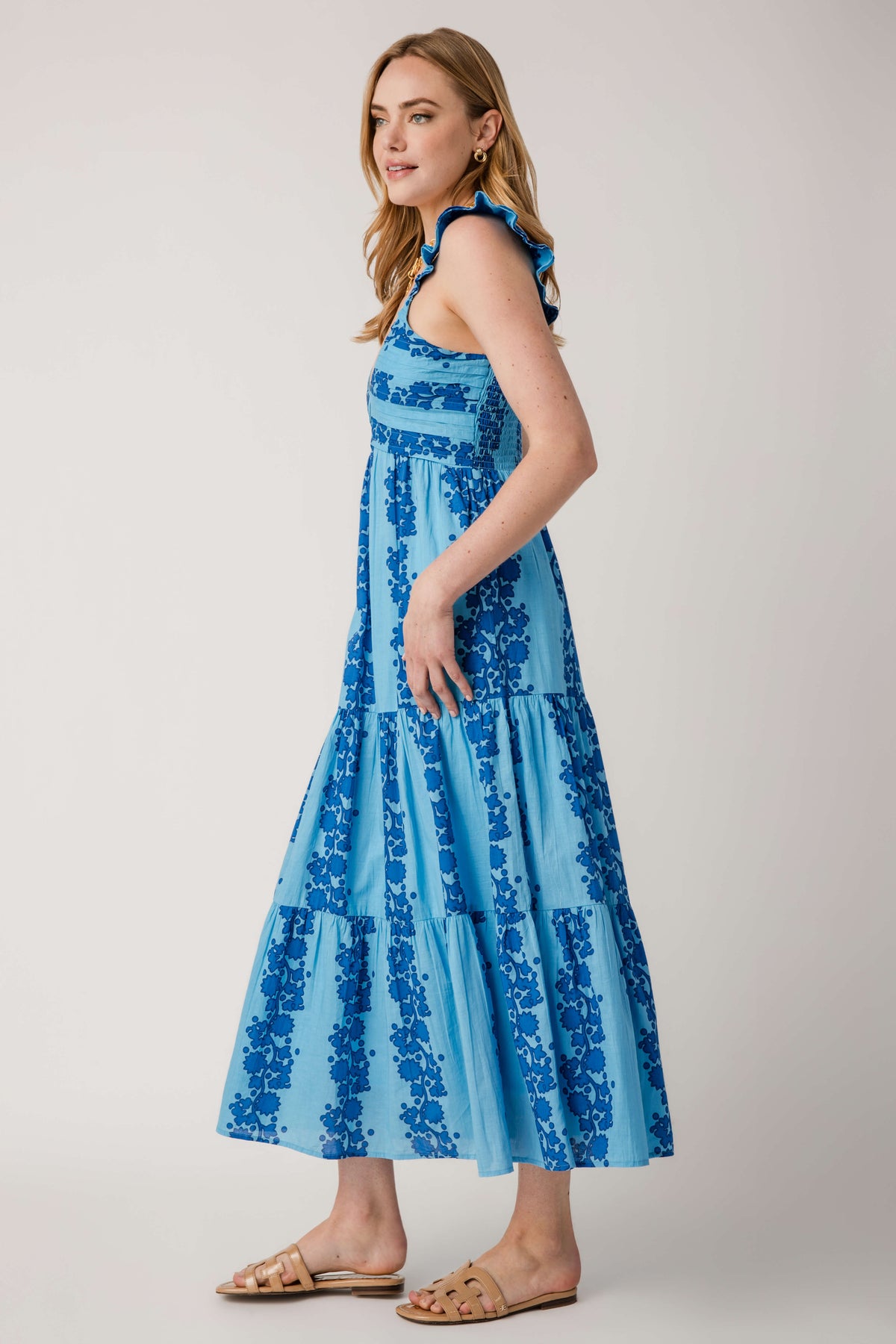 Blue V-neck tiered maxi dress with ruffled cap sleeves and allover floral print