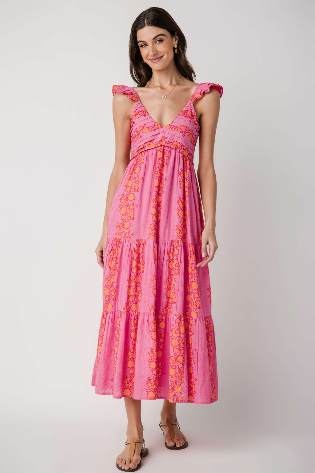Pink V-neck tiered maxi dress with ruffle shoulder detail and allover floral print