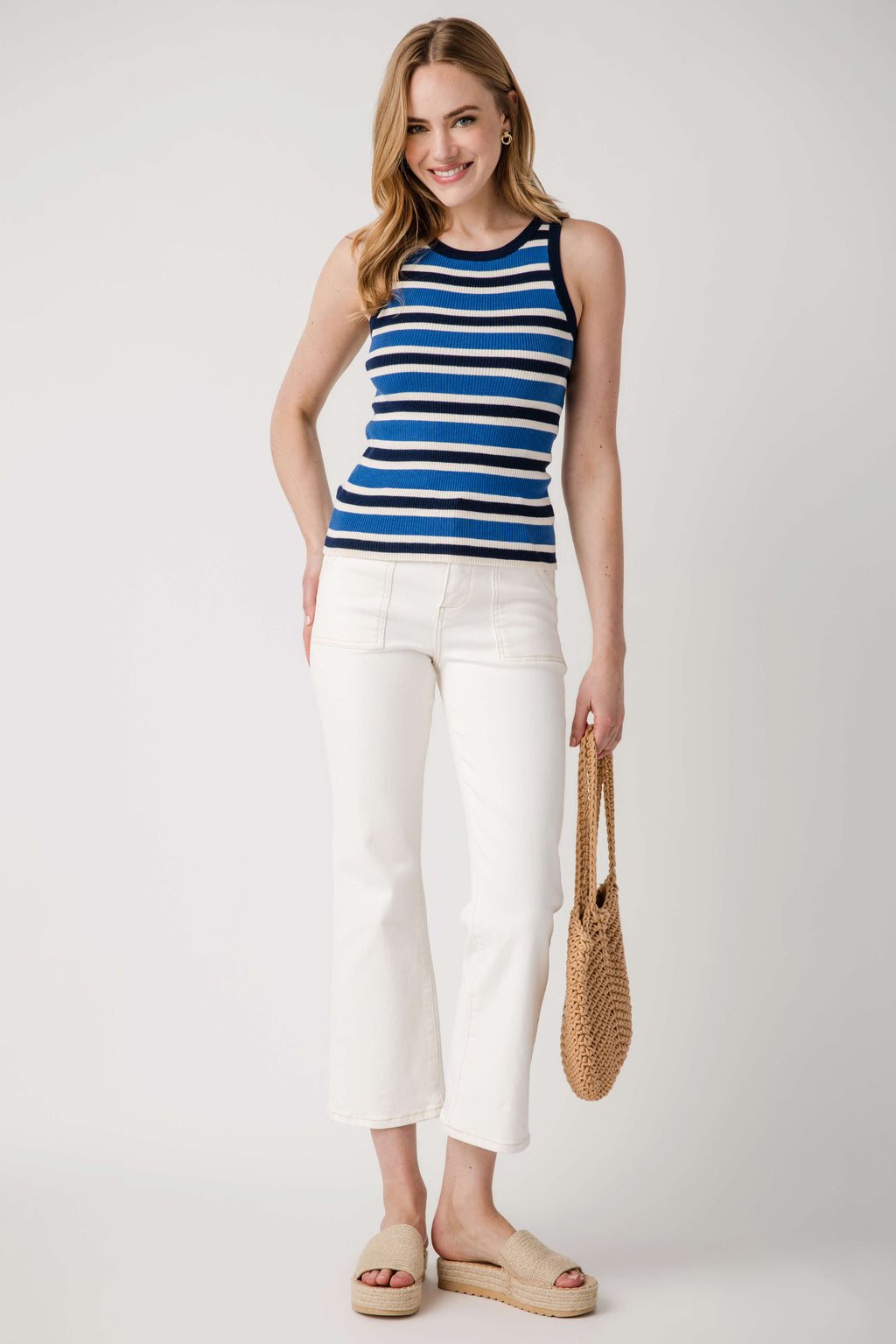 FRNCH striped knit tank top in navy and white, sleeveless crew neck