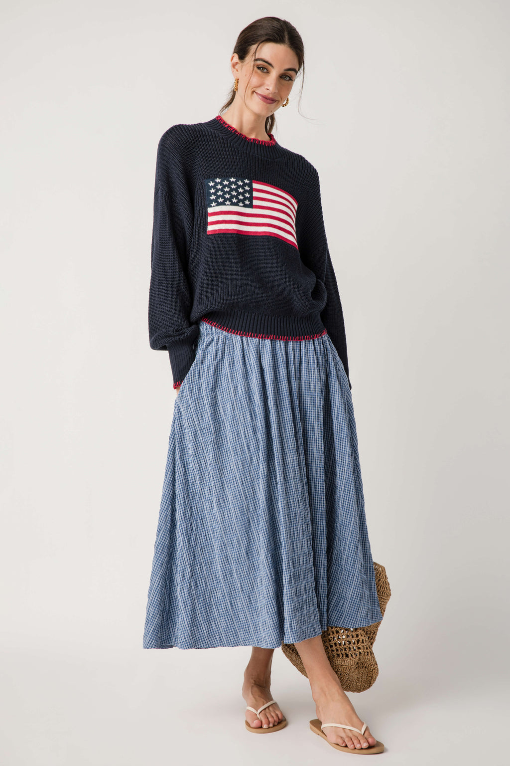 Raisonnel gingham maxi skirt in blue check, elastic waist, flowing gathered panels to hem.