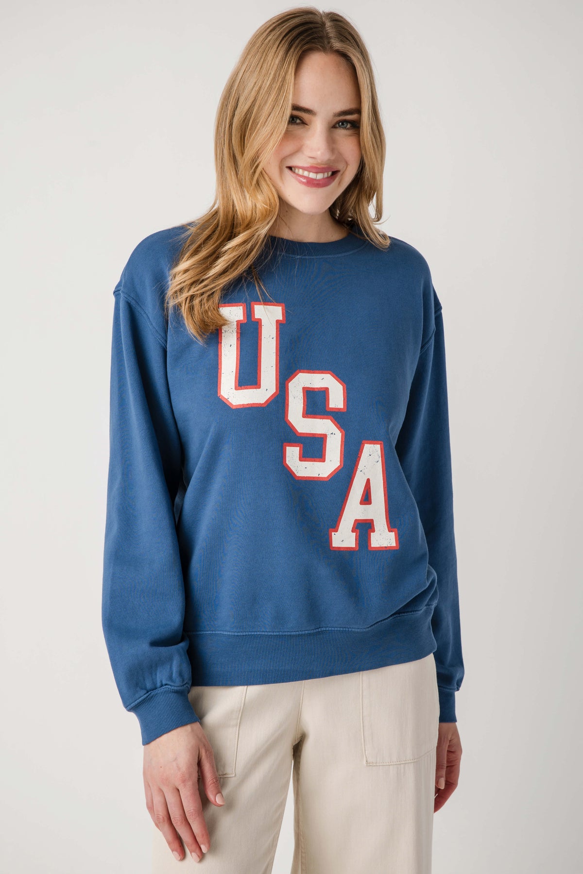 True navy crewneck boyfriend sweatshirt with red and white 'USA' graphic