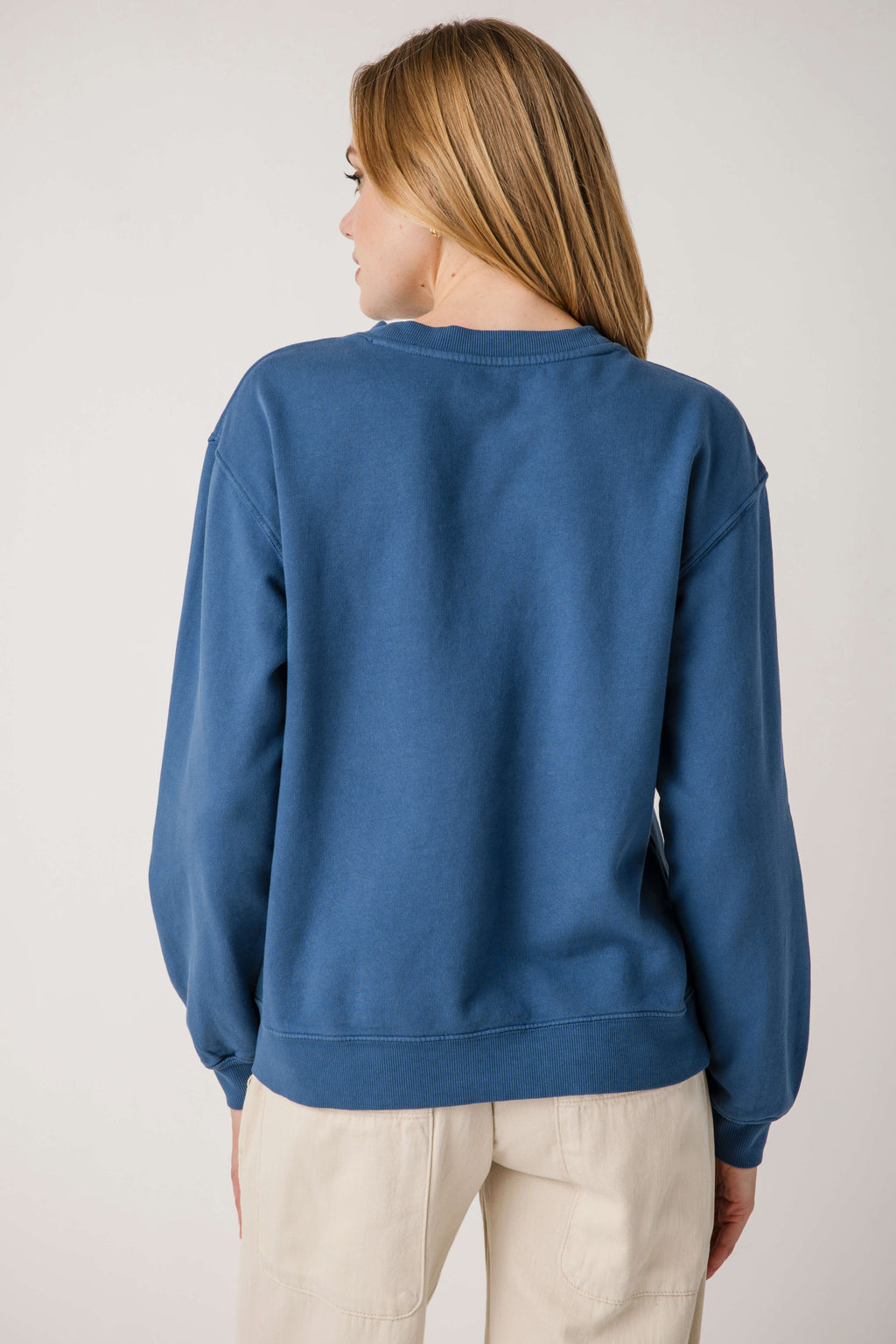 True navy sweatshirt with plain back, long sleeves, ribbed cuffs and hem