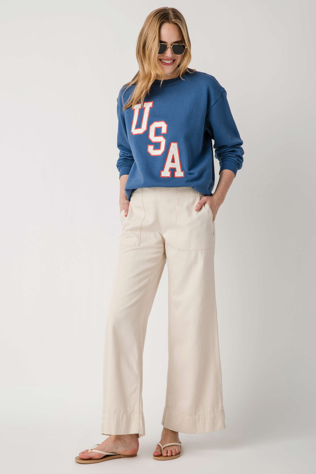 True navy sweatshirt with 'USA' graphic front, ribbed cuffs and hem, crew neck