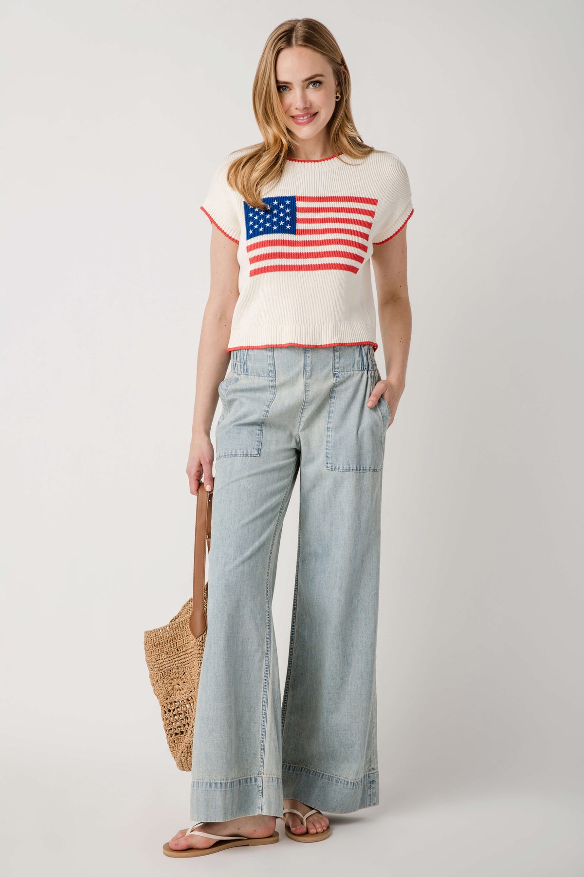 Light blue denim pull-on pants with patch pockets and relaxed wide leg