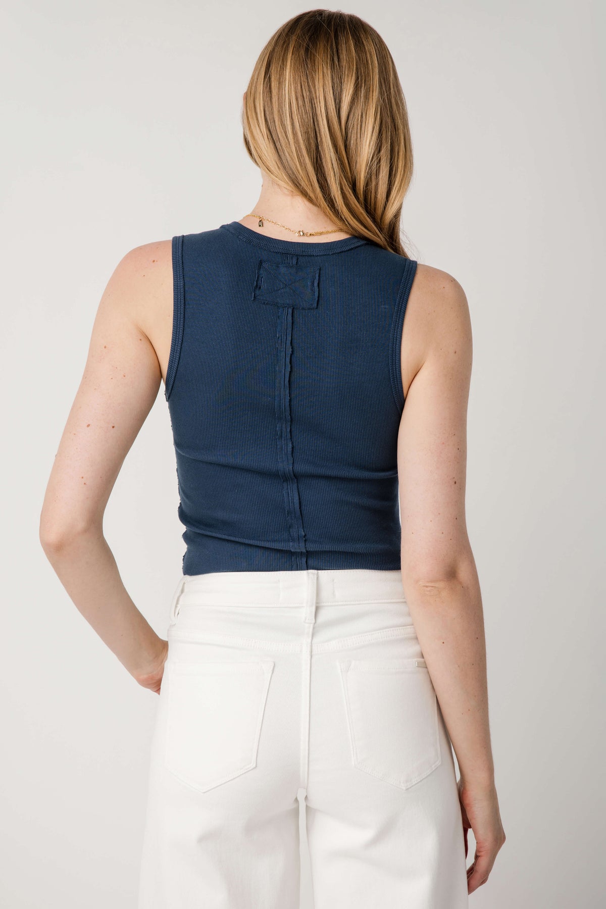 Deep Iris sleeveless tank top, back yoke with center seam and small keyhole