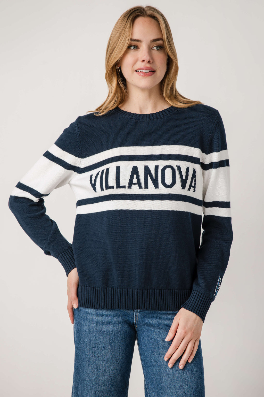 Front view of navy Villanova vintage sweater with wide white stripe across chest