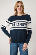 Front view of navy Villanova vintage sweater with wide white stripe across chest
