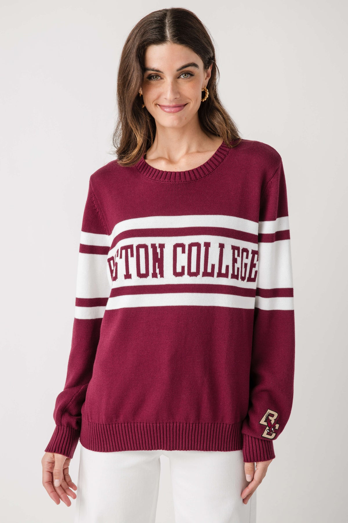 Burgundy and white Boston College striped knit sweater, crew neck, ribbed trim