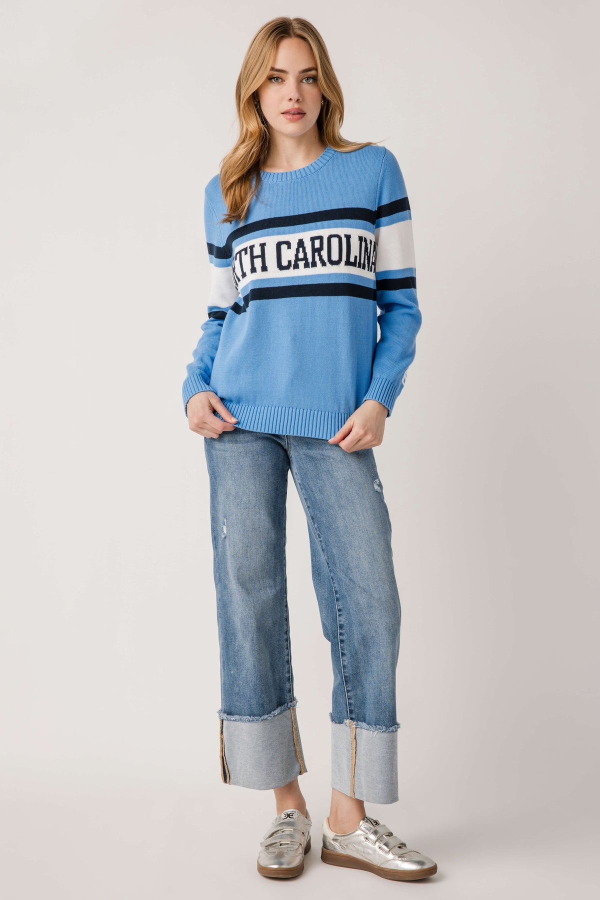 Vintage campus sweater in light blue with North Carolina stripe band across the chest