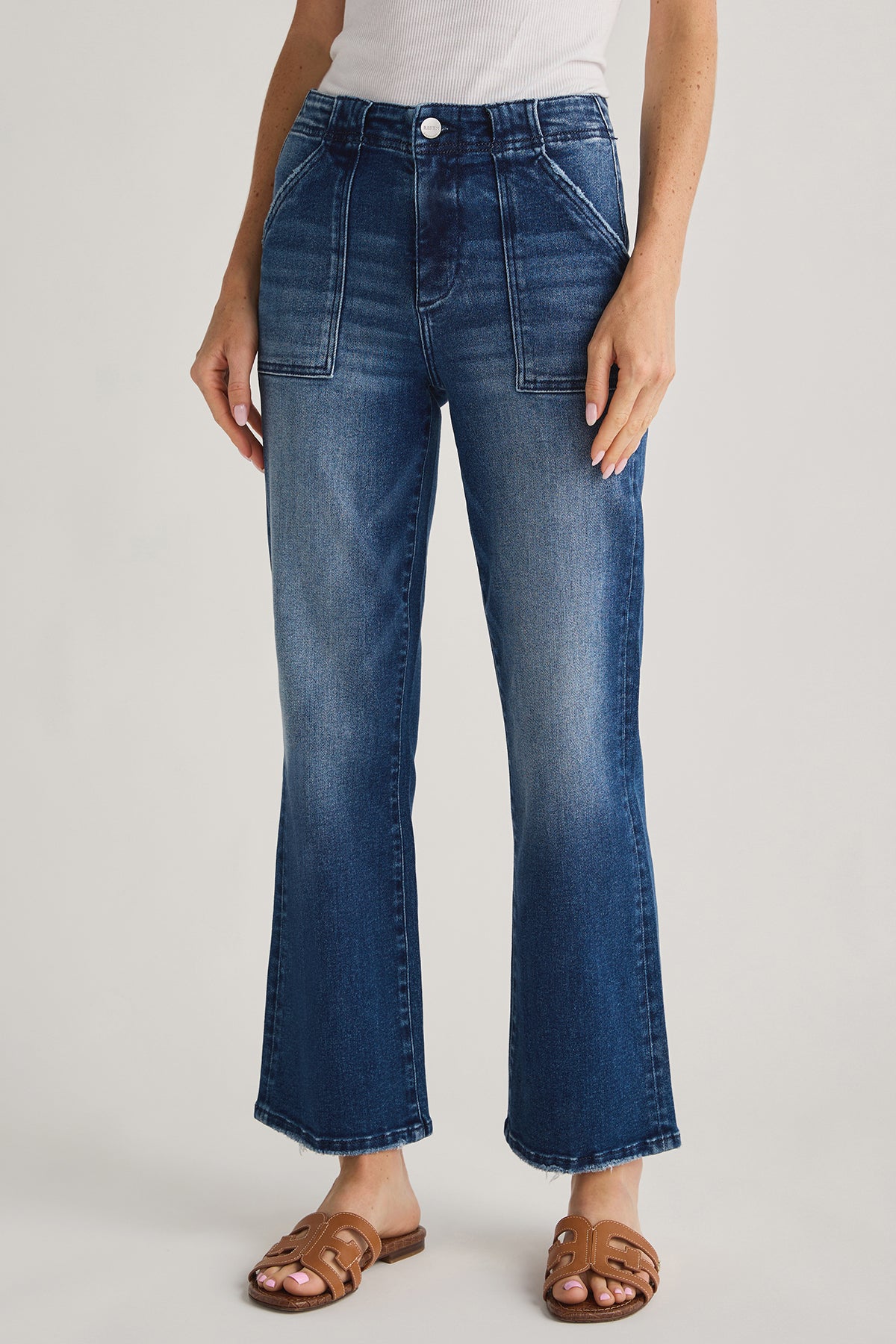 Denim ankle flare jeans with button closure and front pockets, medium-dark blue wash