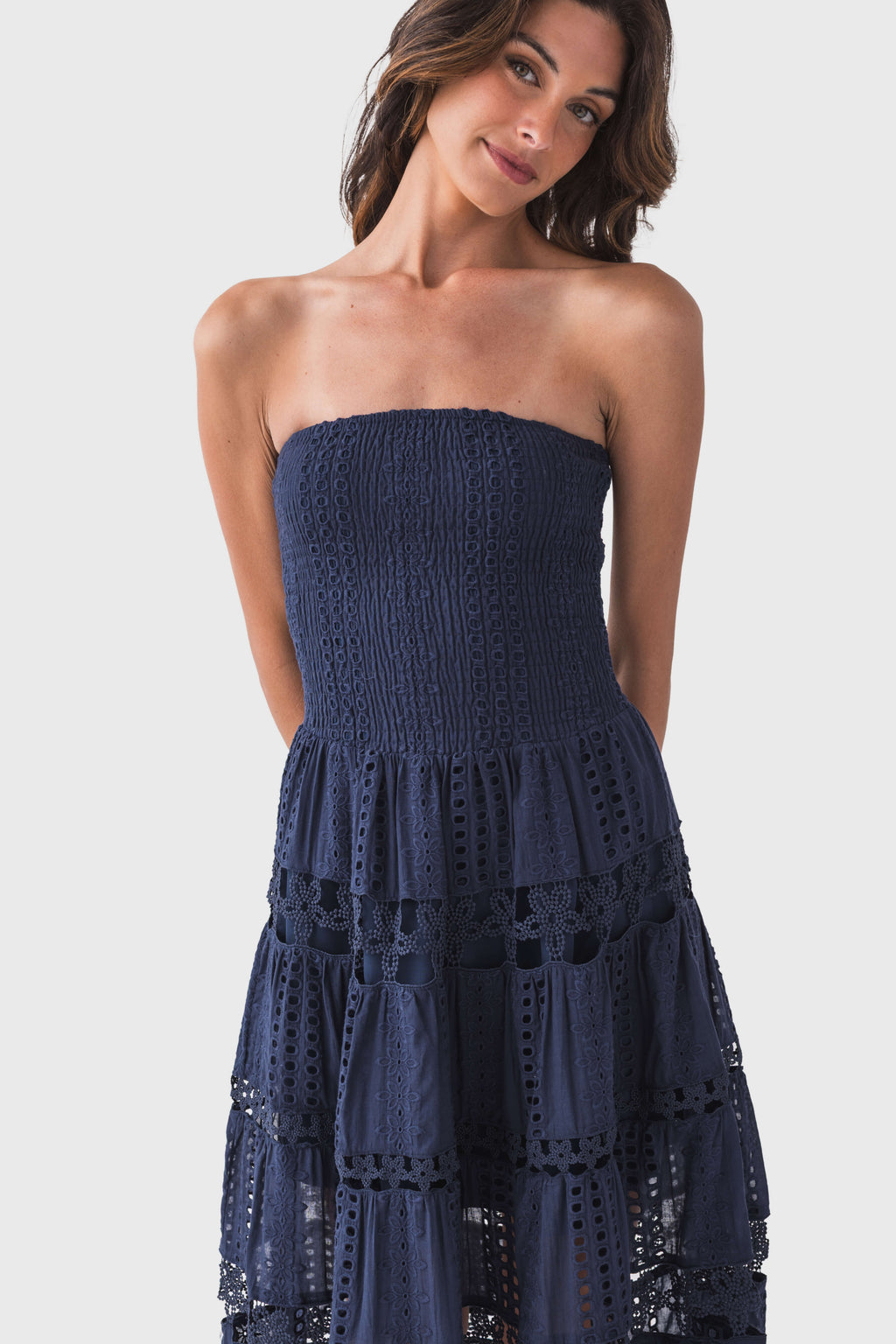 Eyelet lace tube dress in dark navy, strapless with tiered skirt detail