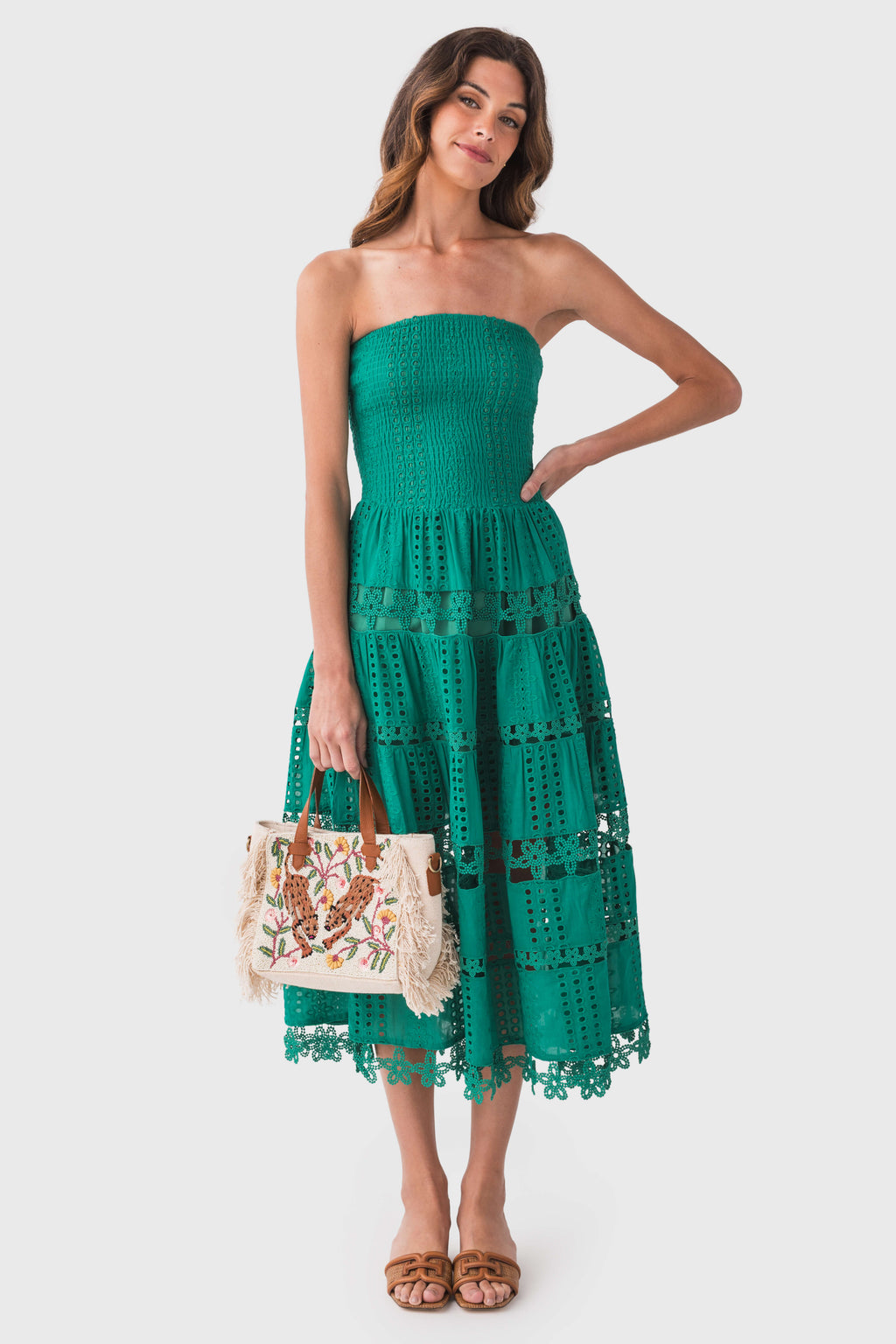 Emerald green eyelet lace tube dress, strapless tiered skirt with openwork layers