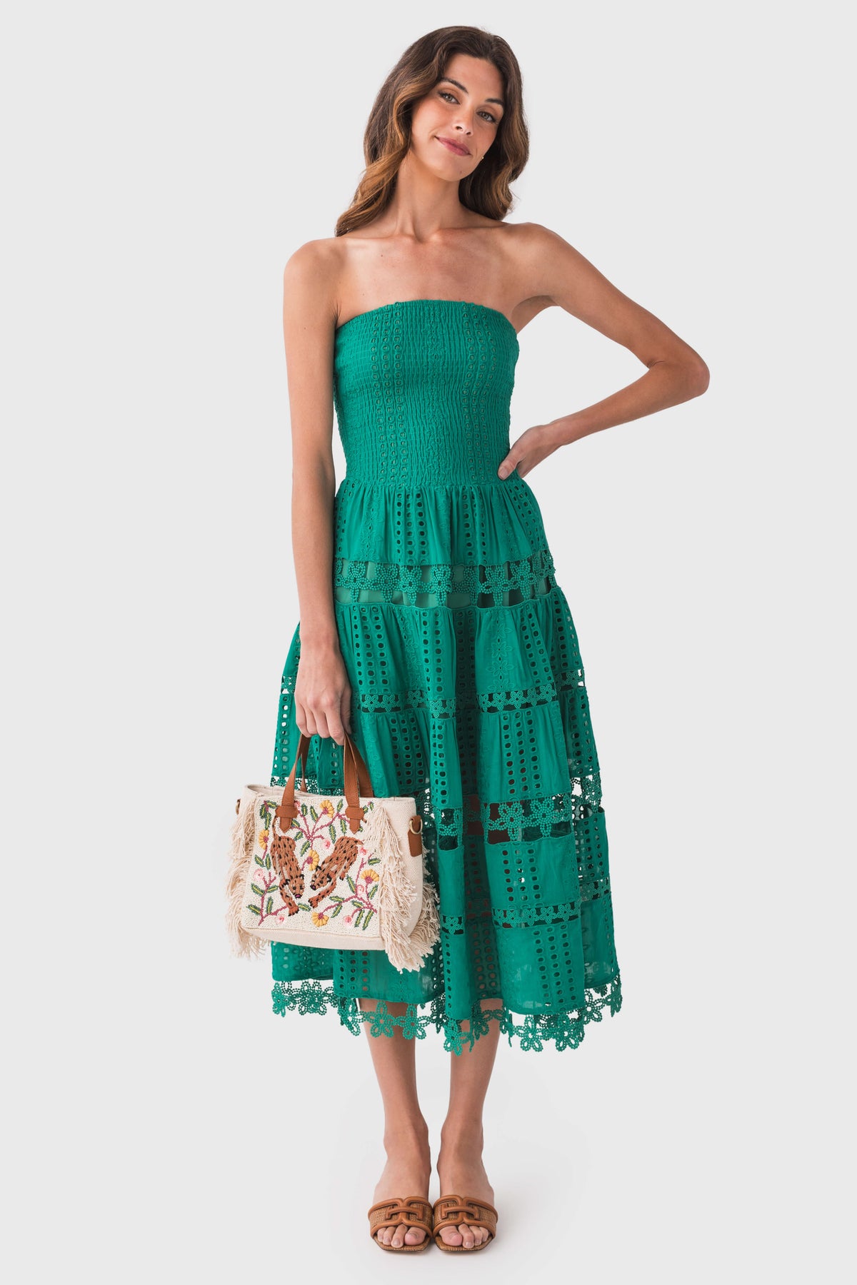 Emerald green eyelet lace tube dress, strapless tiered skirt with openwork layers