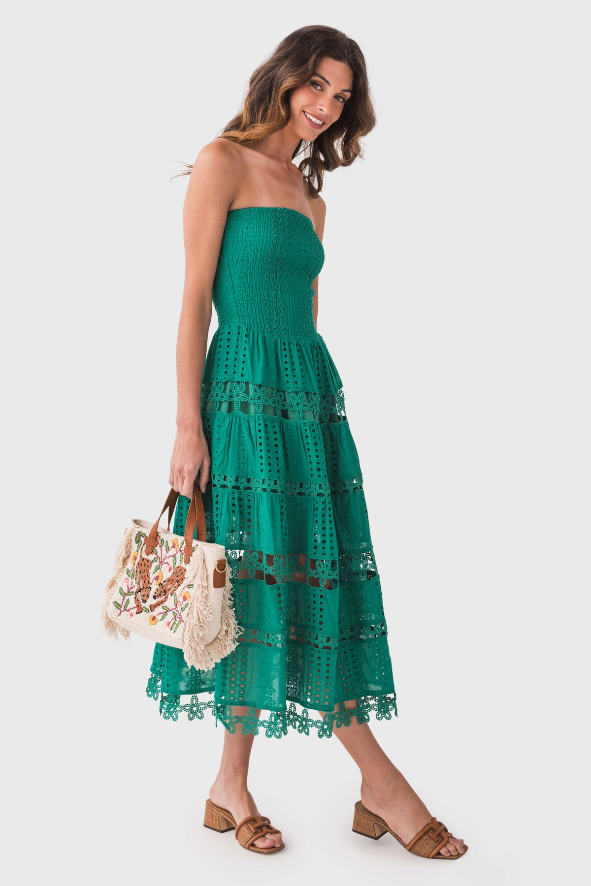 Emerald green eyelet lace tube dress, strapless tiered skirt with scalloped hem