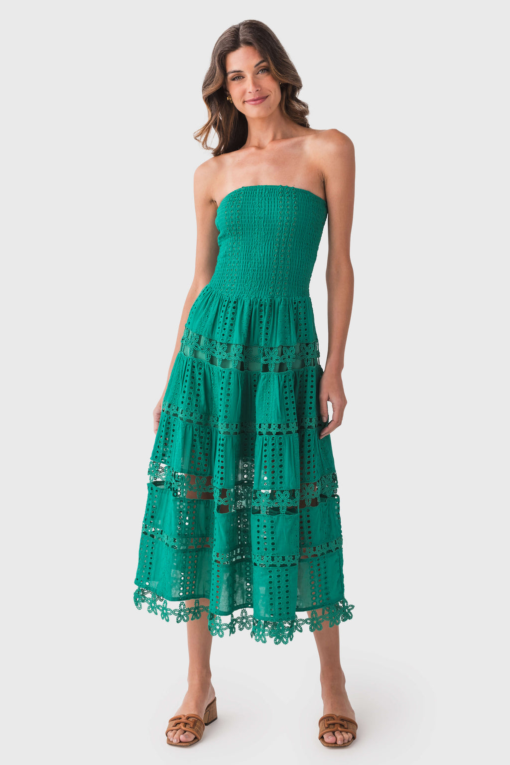Eyelet lace tube dress in emerald green, strapless with layered lace panel skirt