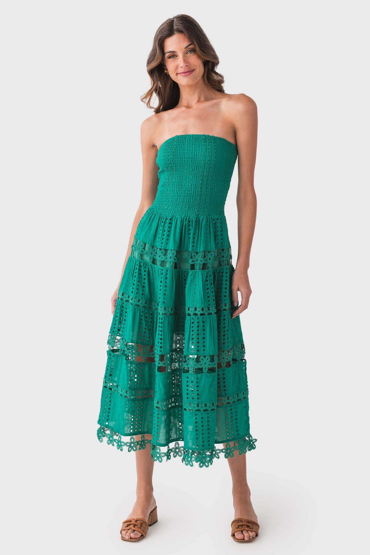 Eyelet lace tube dress in emerald green, strapless with layered lace panel skirt
