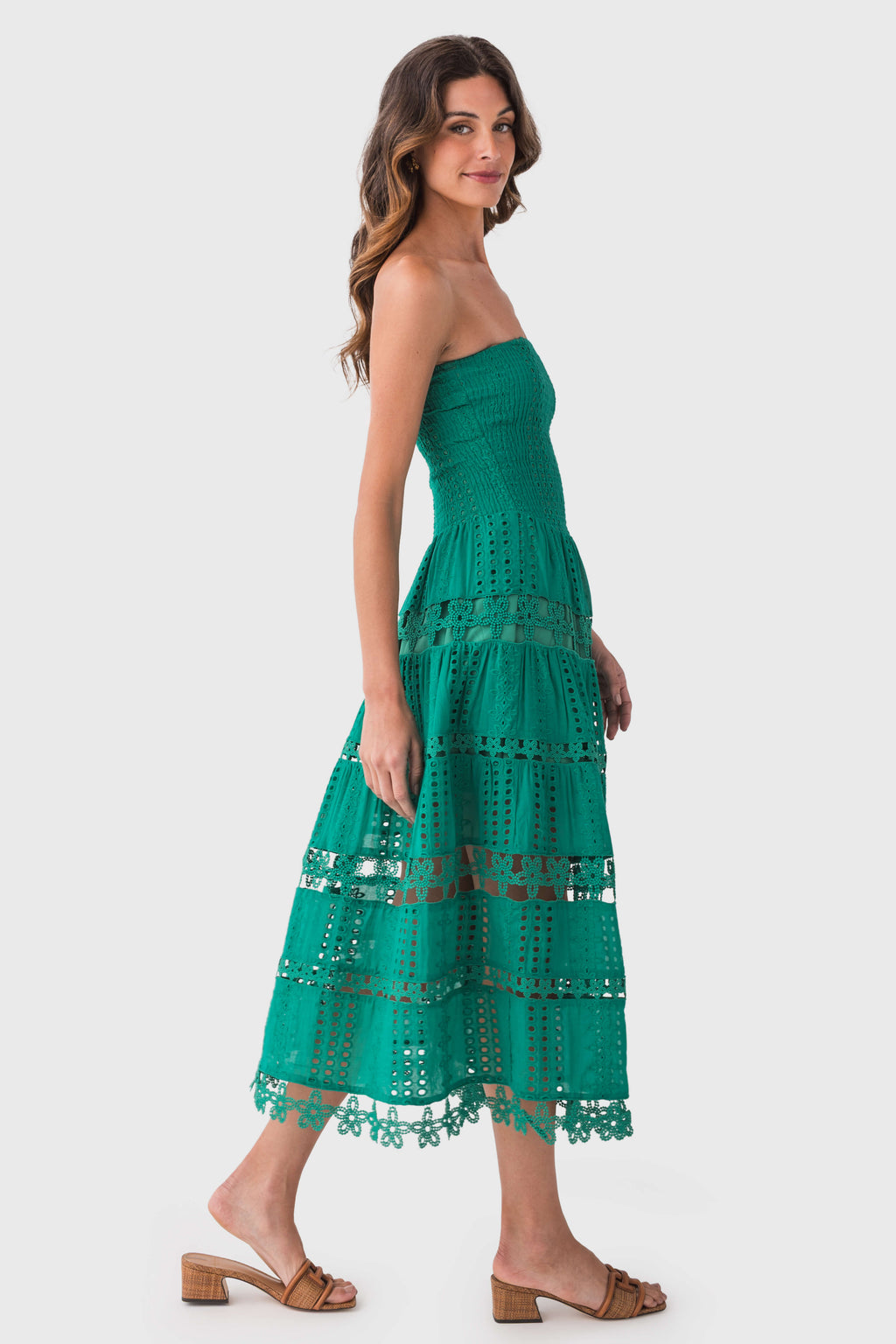 Eyelet lace tube dress in emerald green, strapless with tiered openwork skirt