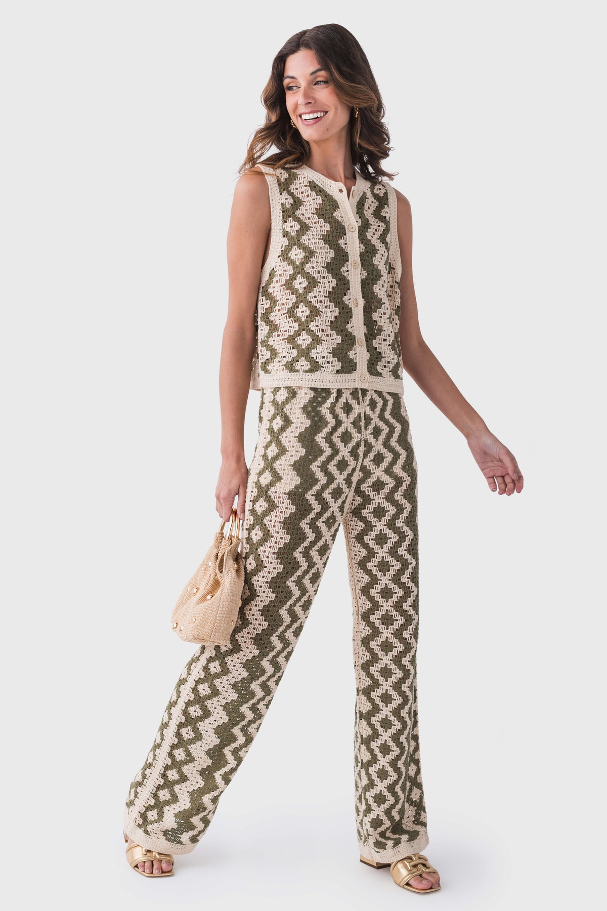 Natural openwork crochet pants with zigzag pattern and wide straight legs