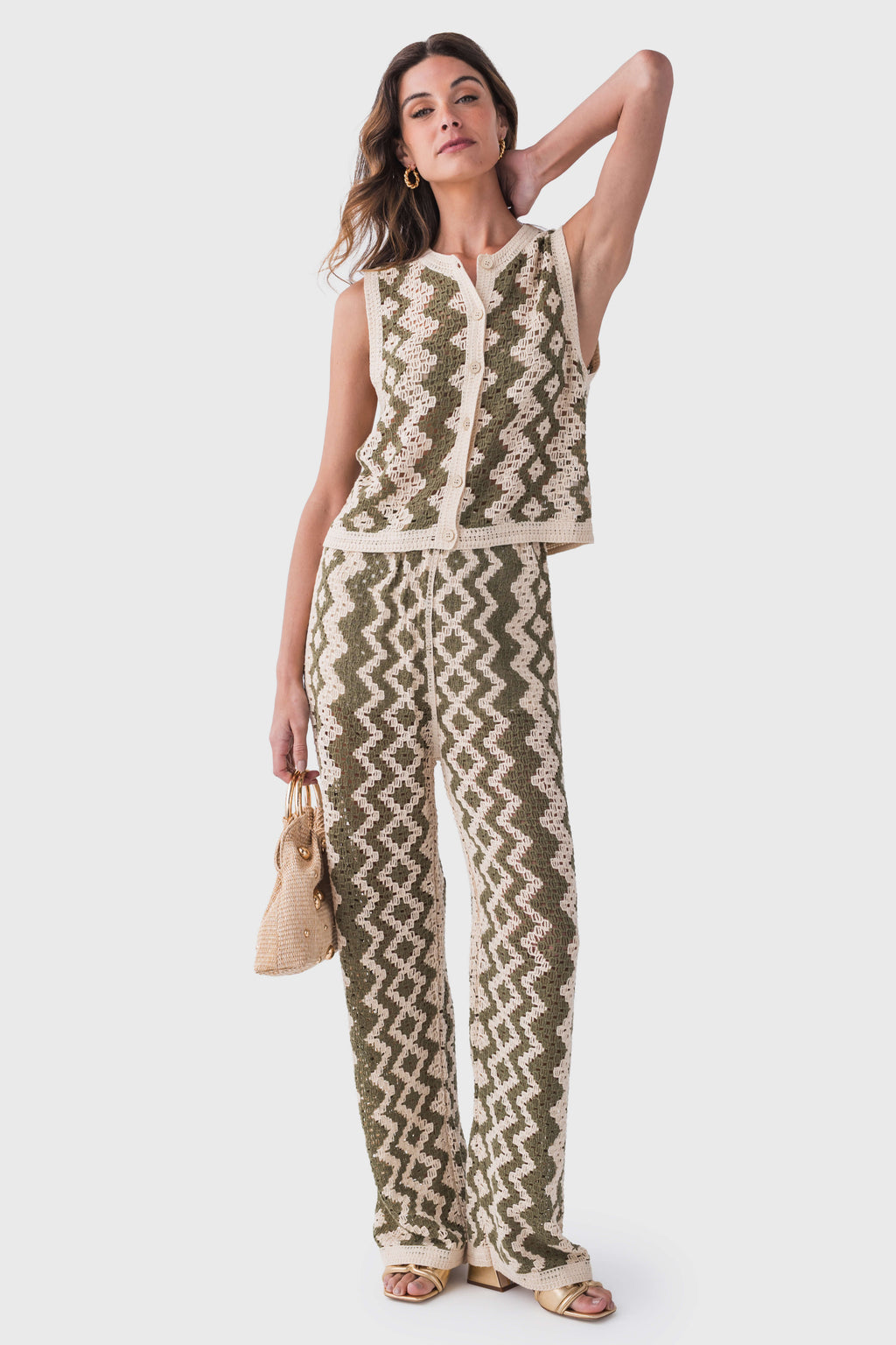 Natural crochet pants with vertical zigzag design and high-rise waist