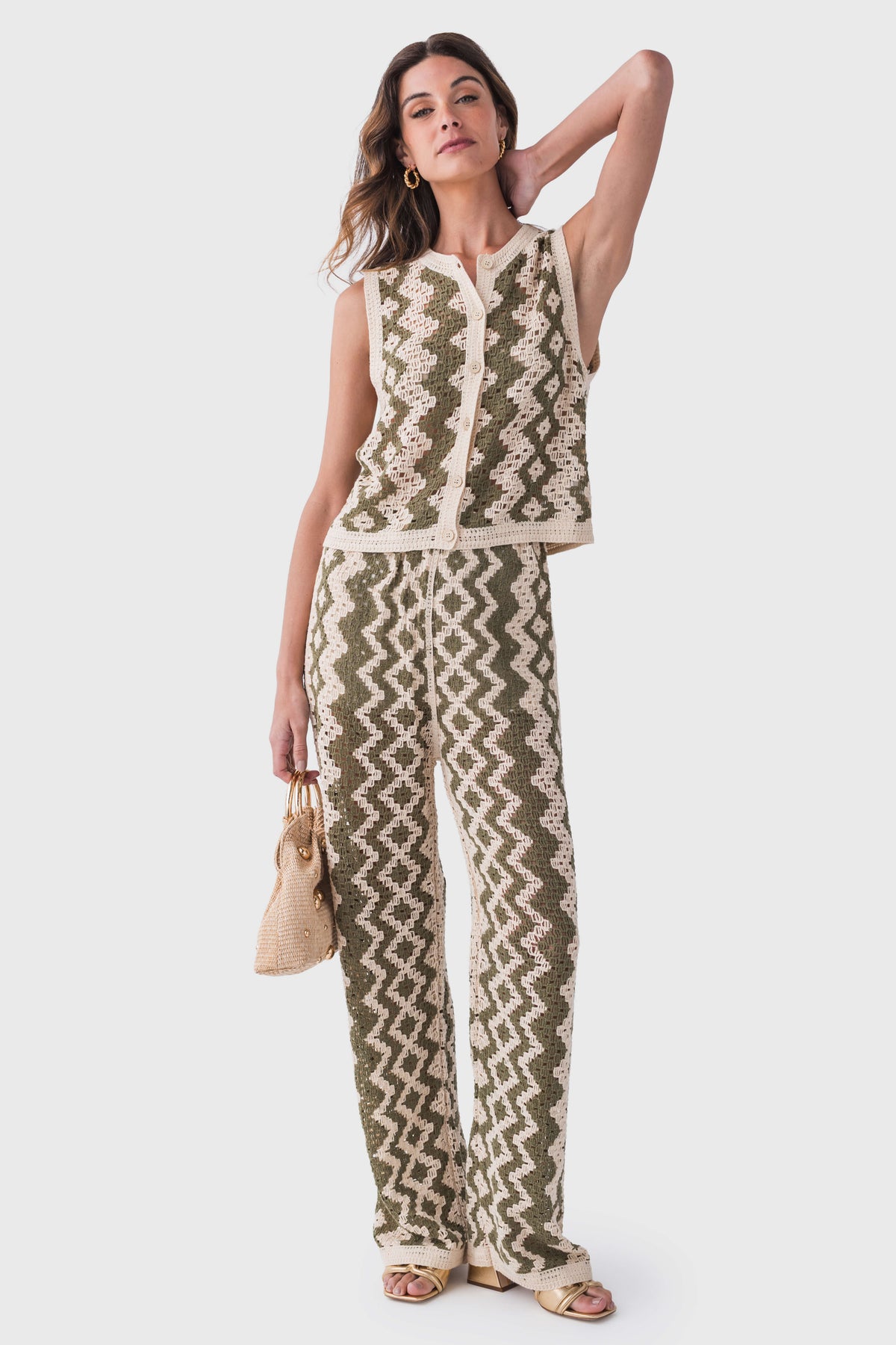 Natural crochet pants with vertical zigzag design and high-rise waist