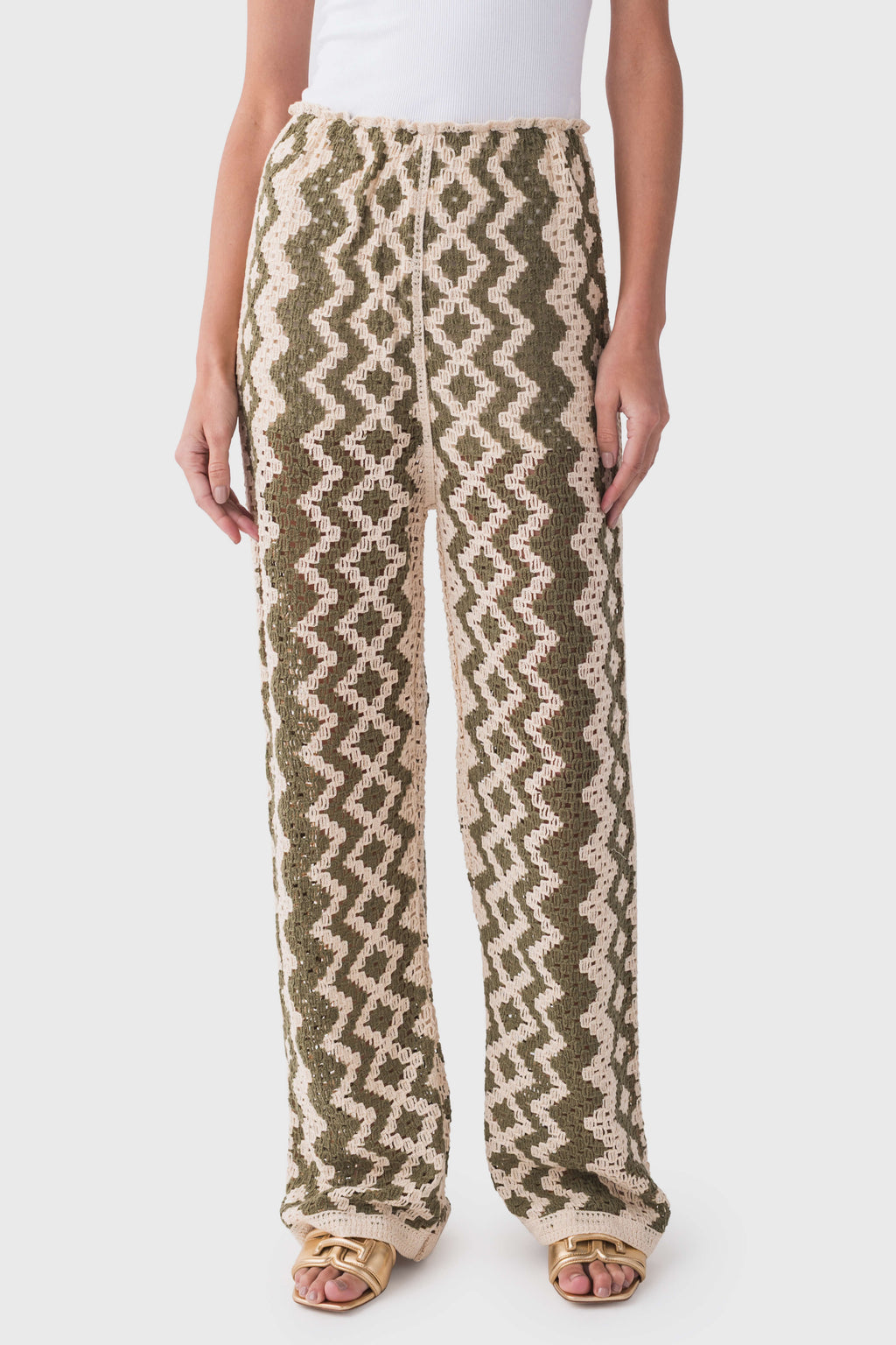 Natural chevron crochet pants with wide-leg silhouette and textured knit