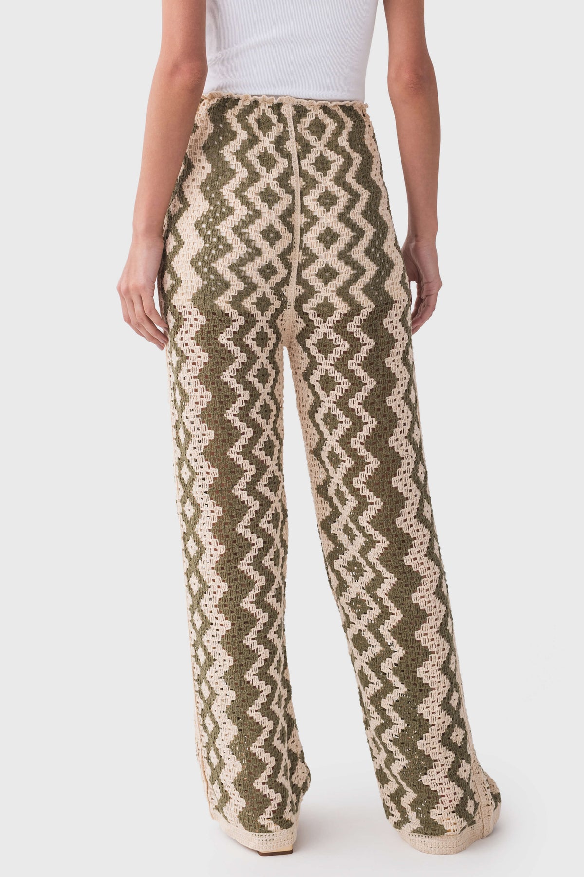Natural zigzag crochet pants with wide legs and elastic waistband
