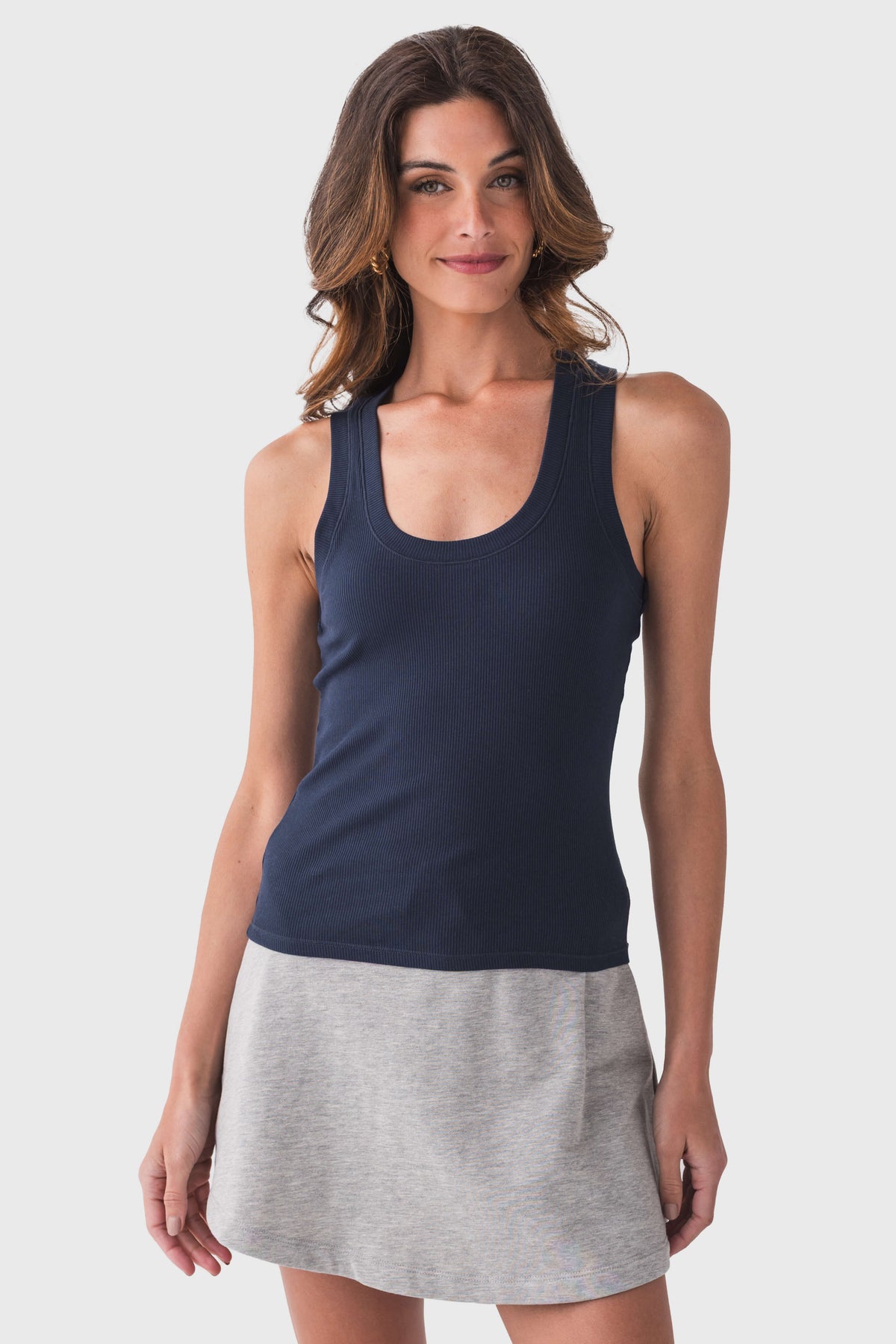 Navy ribbed sleeveless tank top with scoop neck and straight fitted hem