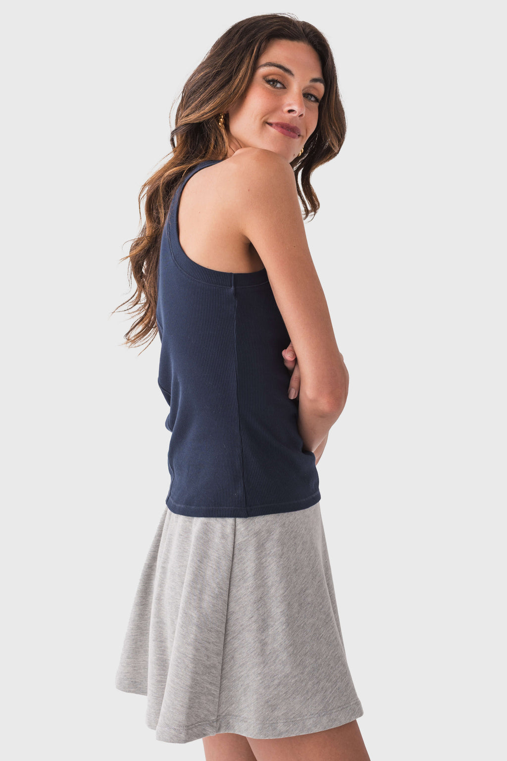 Navy ribbed sleeveless tank top with scoop neck, sleeveless fitted design