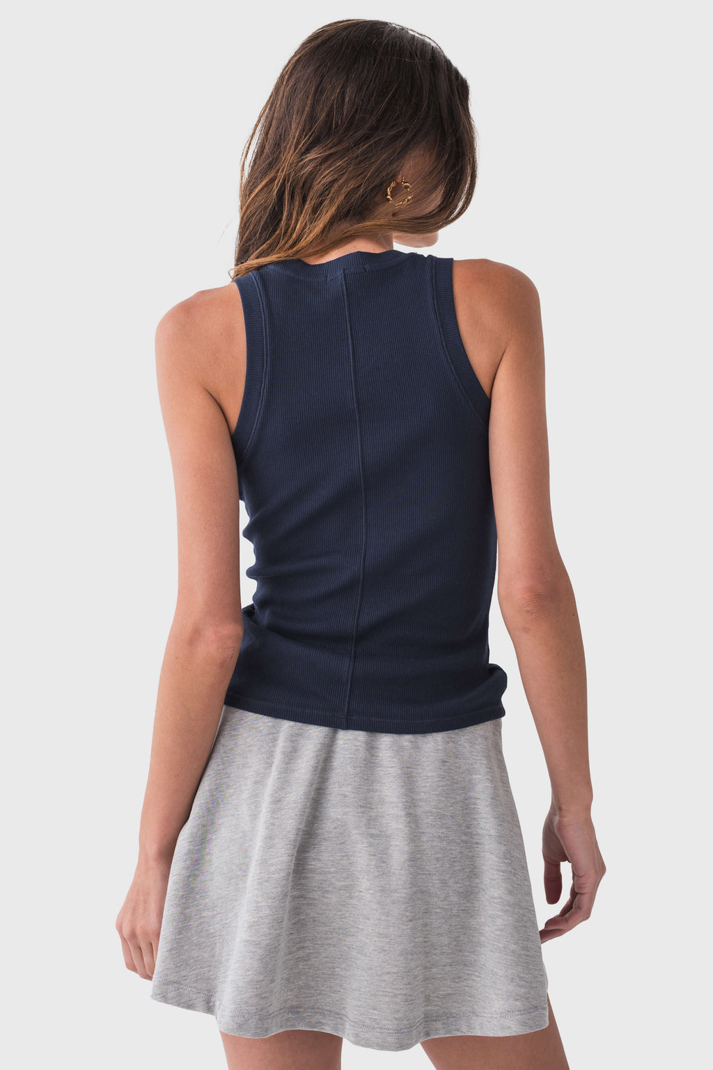 Navy ribbed sleeveless tank top, scoop-back styling and fitted back panel