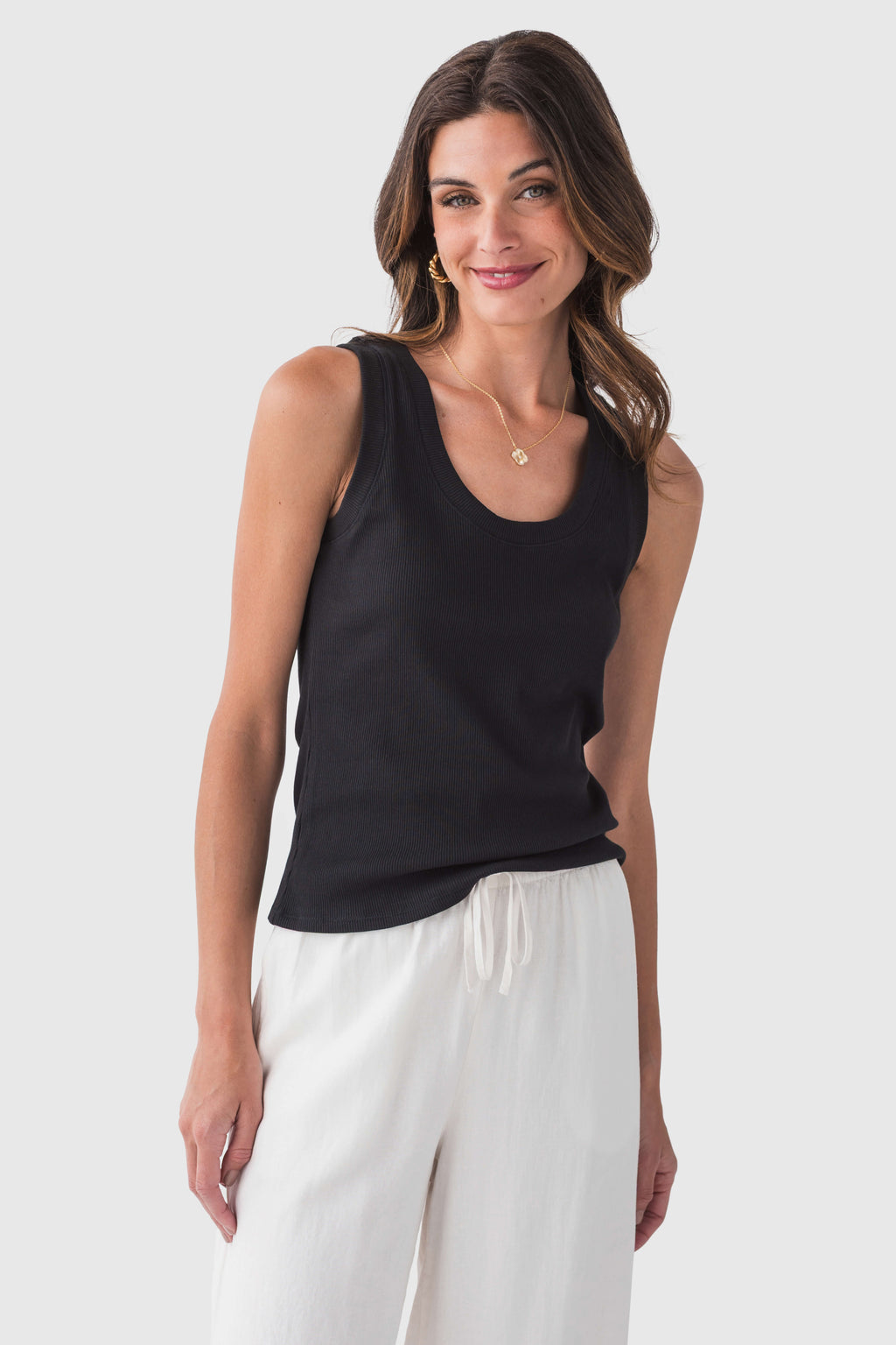 Black ribbed tank top with scoop neckline and sleeveless cut