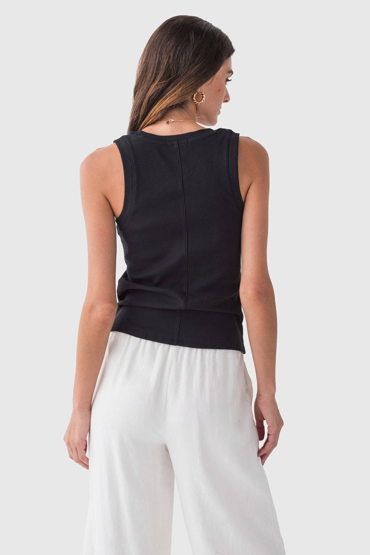 Black ribbed tank top, scoop back and sleeveless design