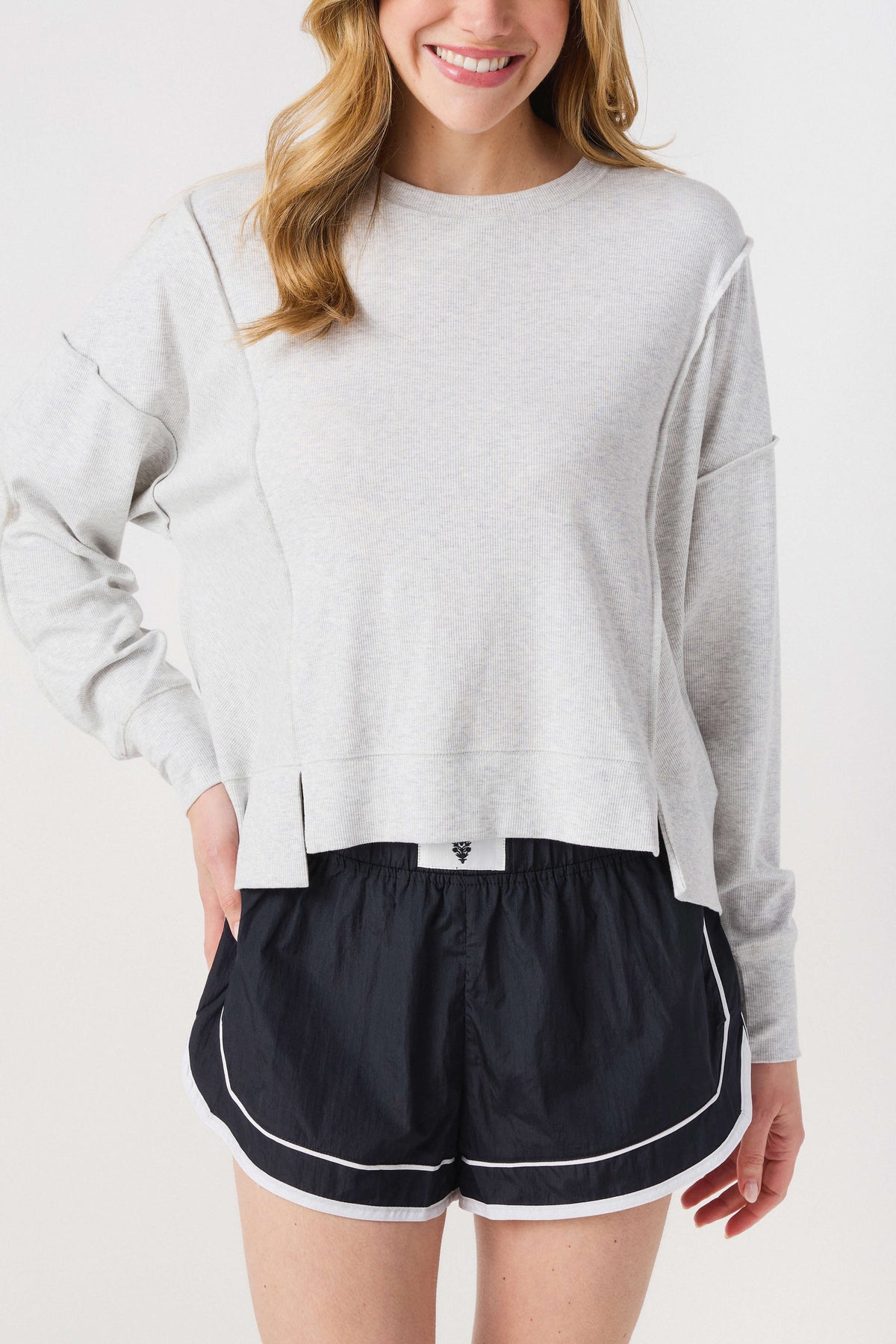 Heather grey long-sleeve tee with slit hem and crew neck