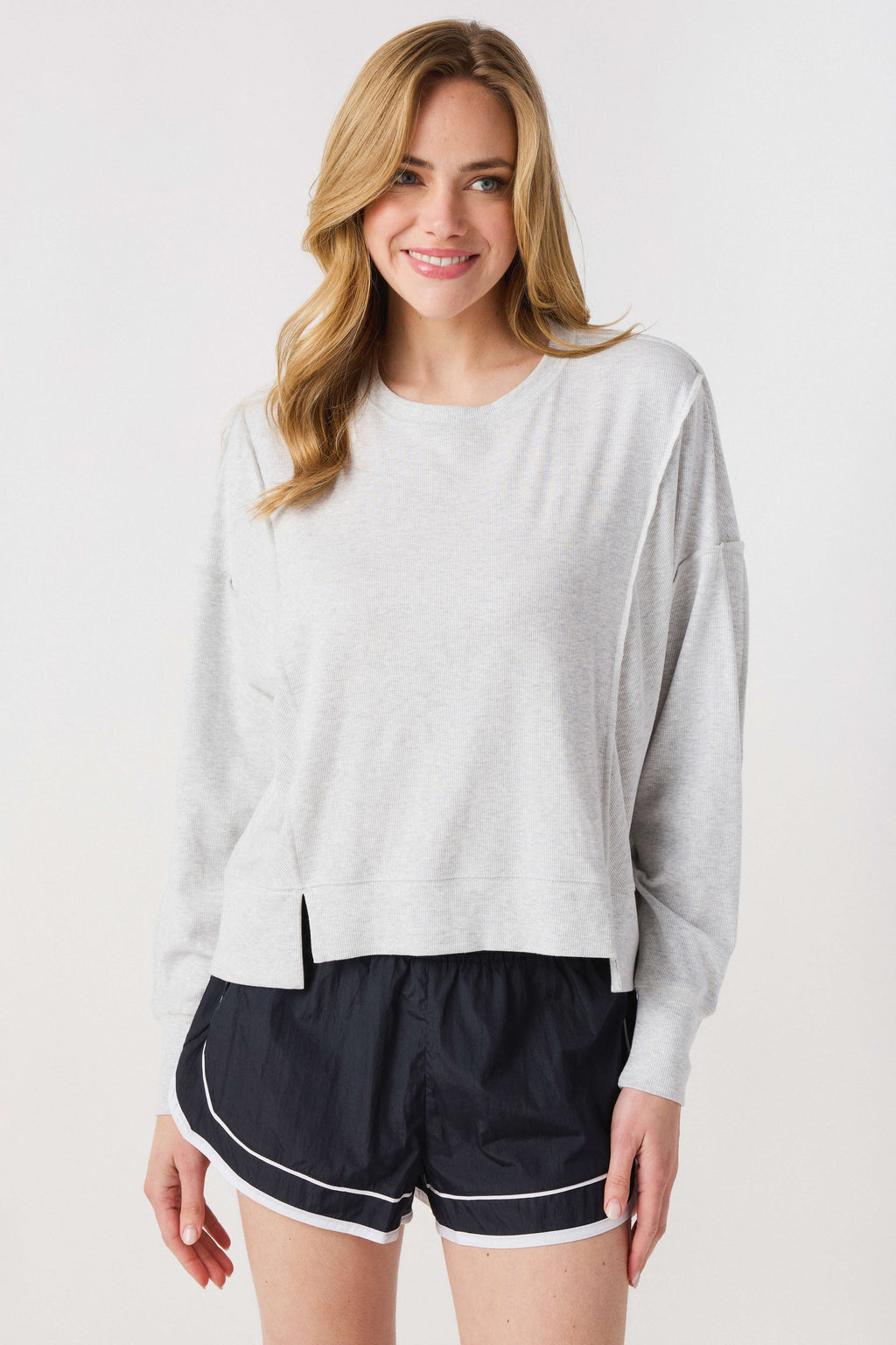Heather grey crew-neck long-sleeve tee with side slit detail