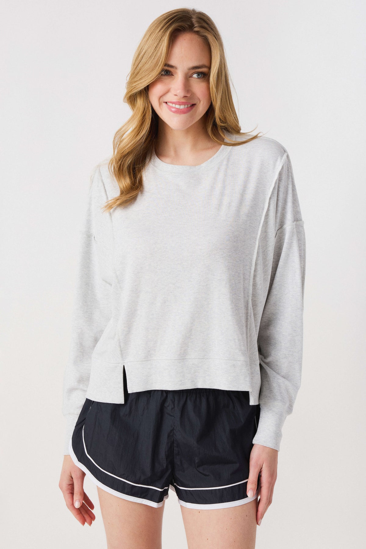 Heather grey crew-neck long-sleeve tee with side slit detail