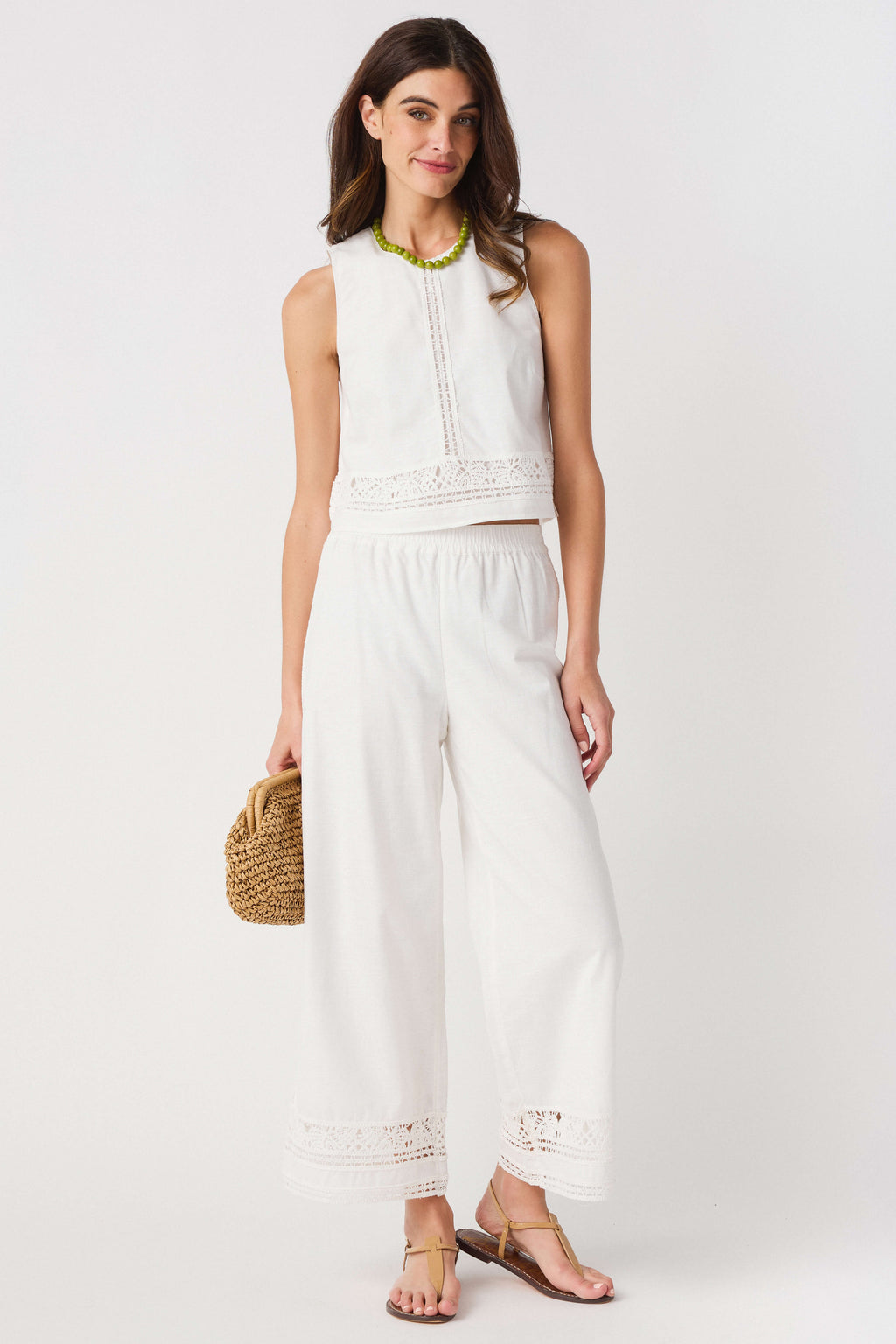 White embroidered wide-leg pants with eyelet trim at hem and side details