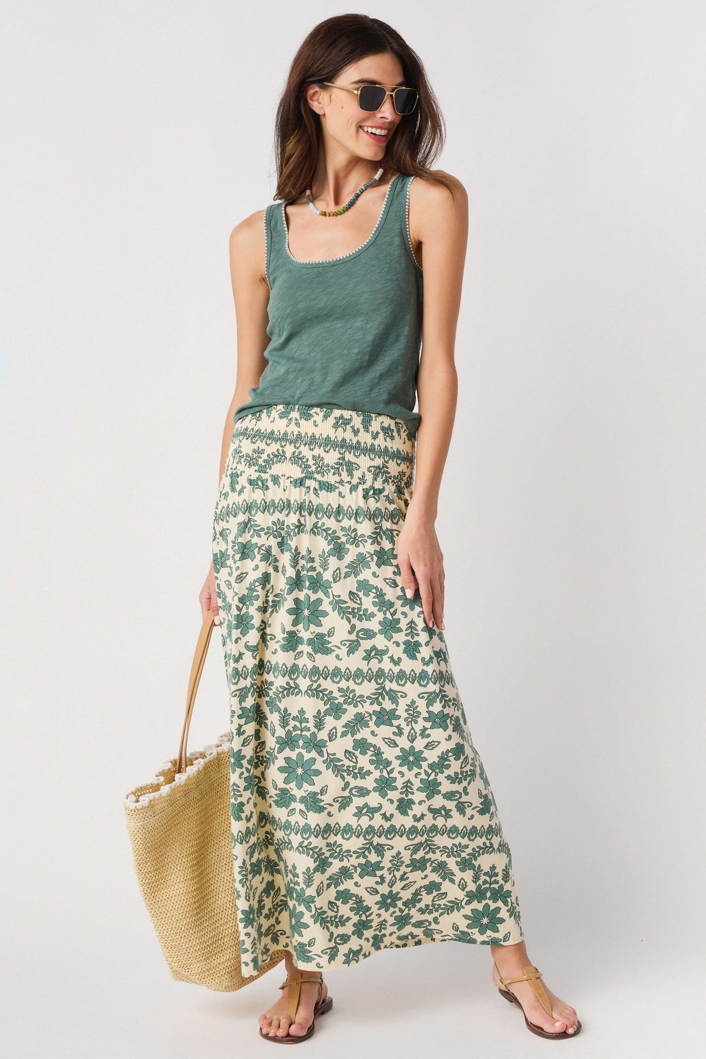 Green and cream paisley print maxi skirt with elastic waistband