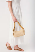 Tan woven top-handle bag with braided rope handles