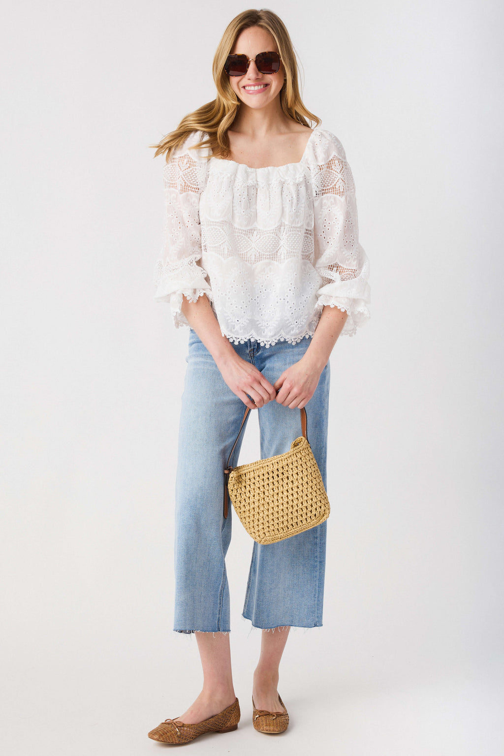 Light wash high-rise raw-hem crop wide-leg jeans, blue denim