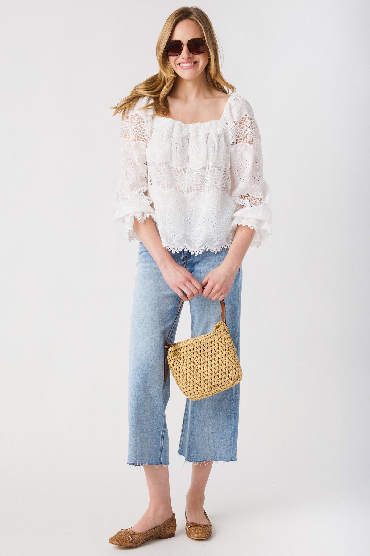 Light wash high-rise raw-hem crop wide-leg jeans, blue denim