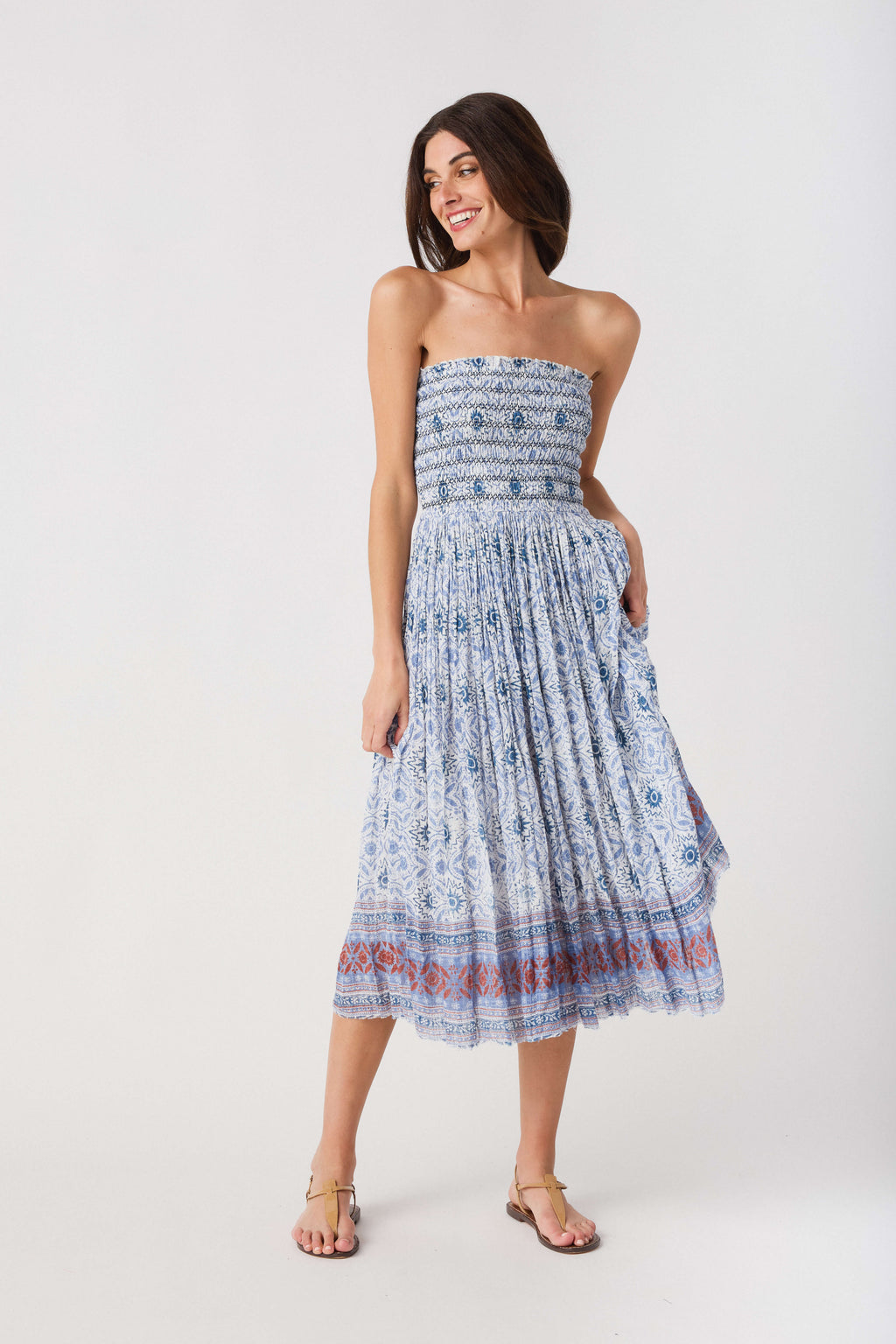 Convertible maxi skirt with blue patterned smocked bodice and tiered ruffle hem