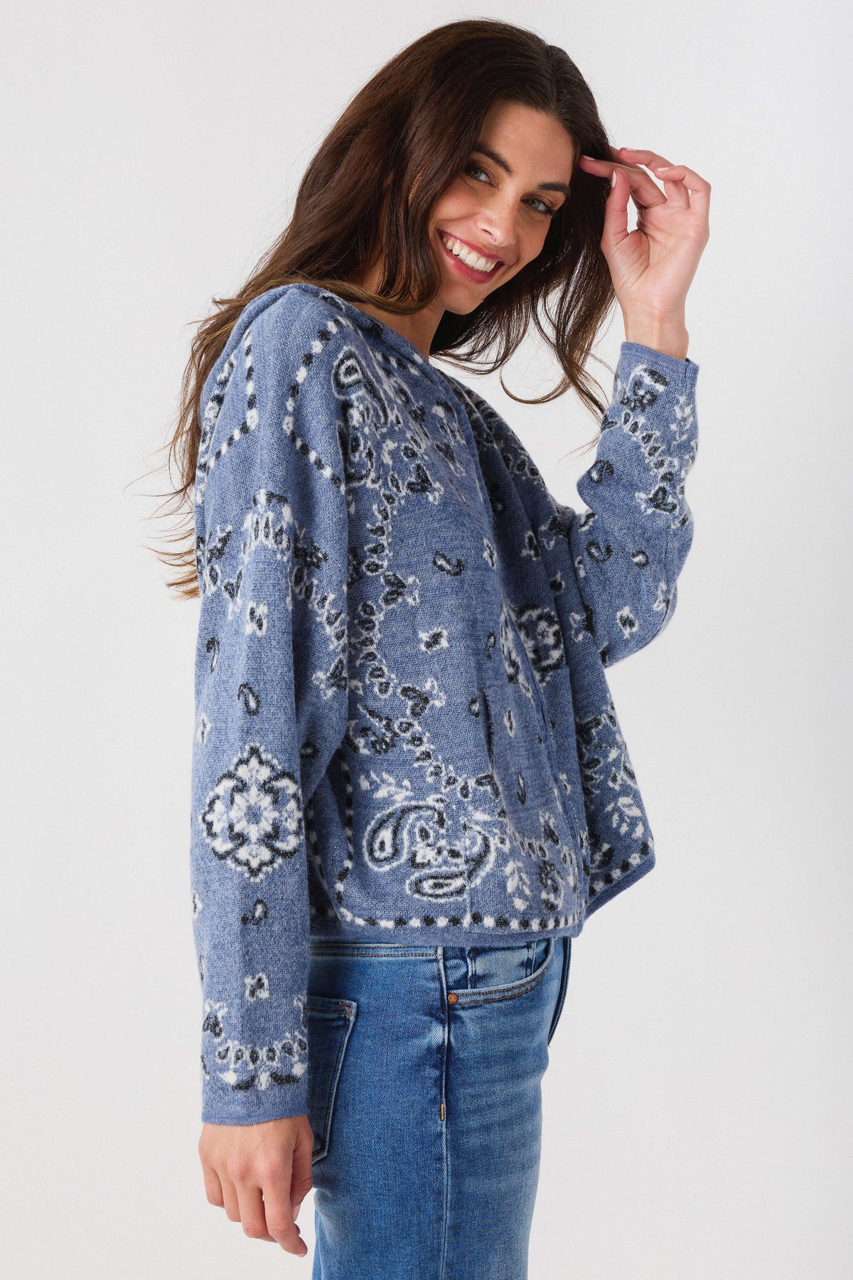 Blue paisley bandana-print hooded cardigan with zip front, side view, long sleeves