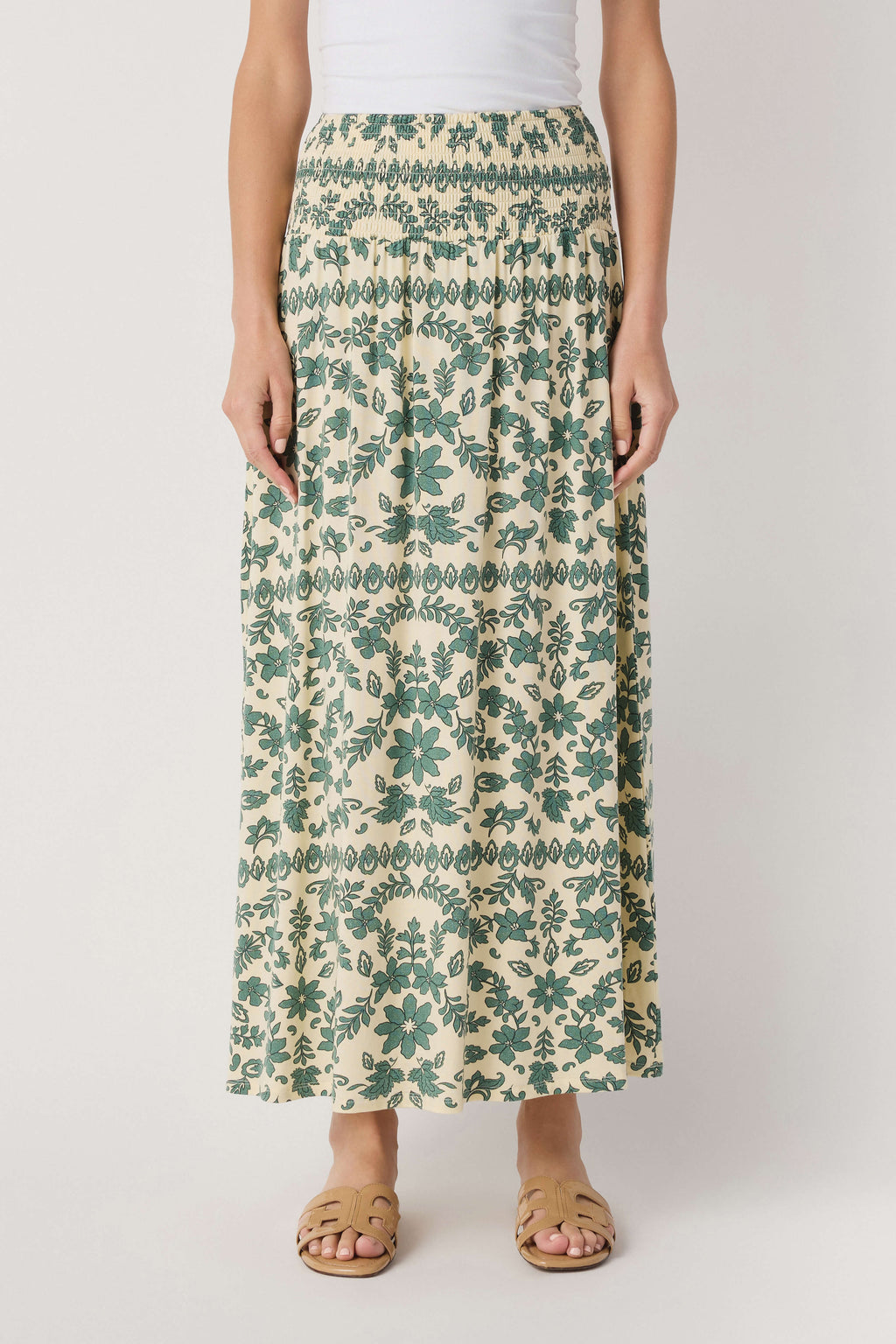 Green and cream paisley print maxi skirt, full length with gathered waist
