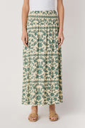 Green and cream paisley print maxi skirt, full length with gathered waist