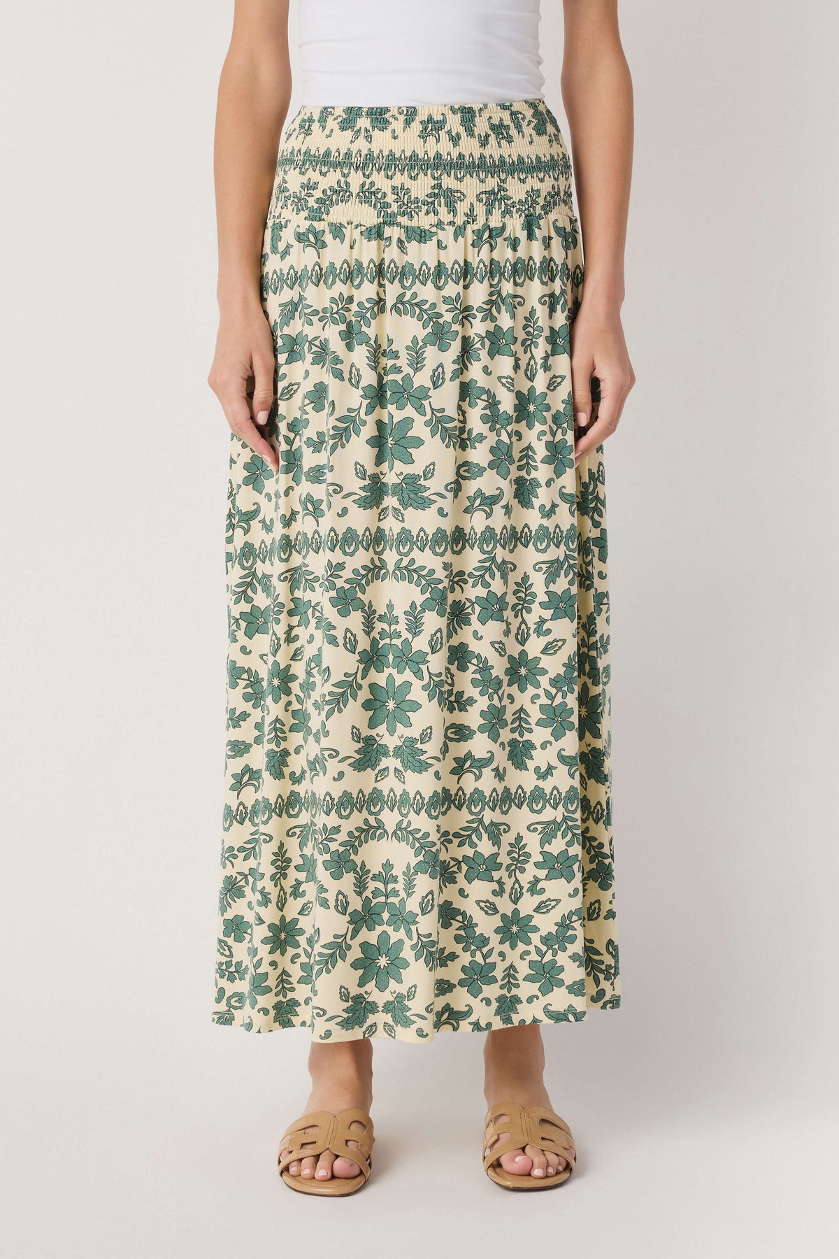 Green and cream paisley print maxi skirt, full length with gathered waist