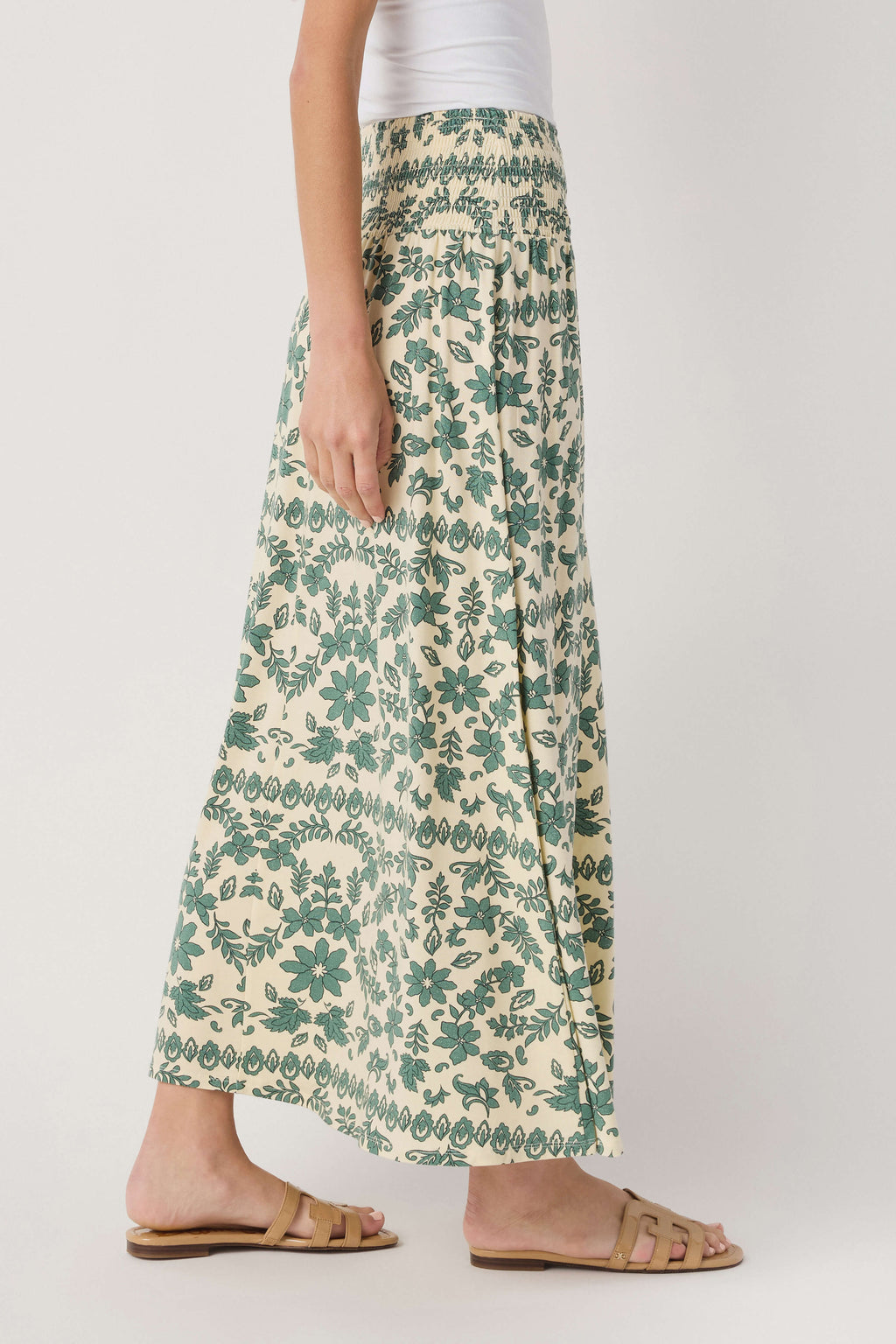 Green and cream paisley print maxi skirt, side/back view with elastic waist