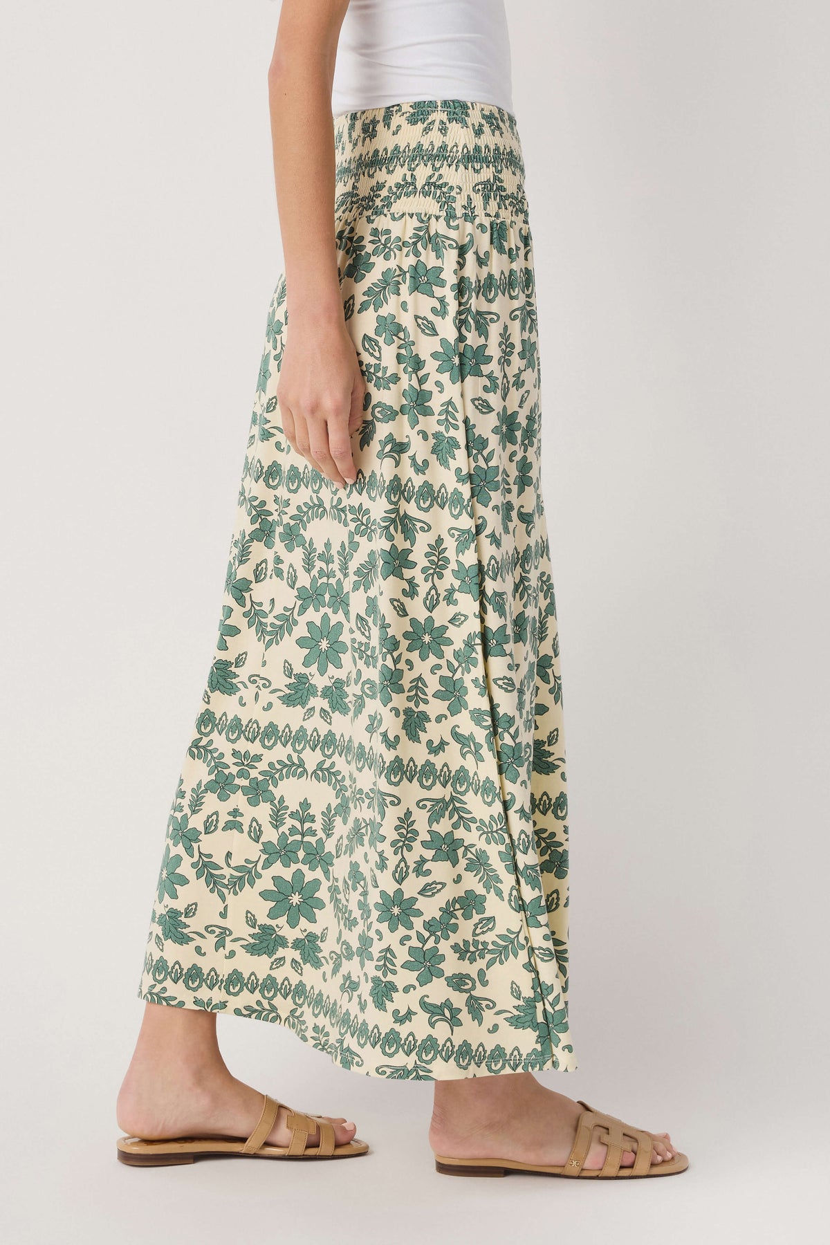 Green and cream paisley print maxi skirt, side/back view with elastic waist